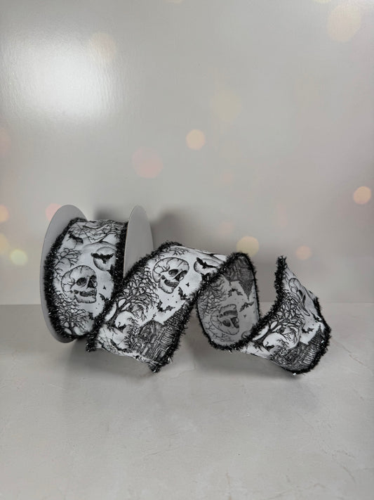 2.5"X10YD HAUNTED HOUSE/DRIFT/TINSEL WHITE/BLACK/GREY/SILVER - Burlap and Bling Decor