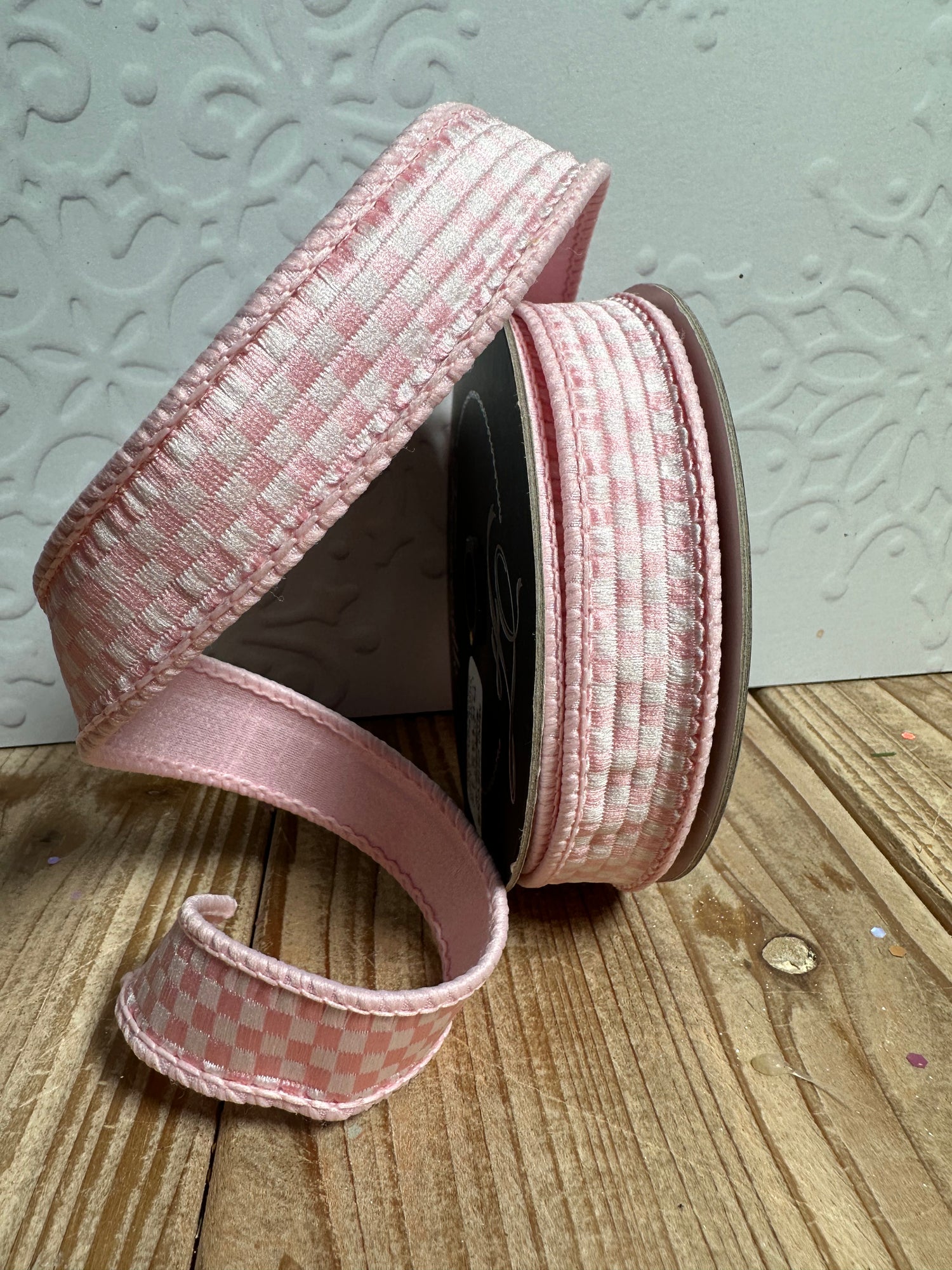1"X10YD MINI CHECKS LT PINK RIBBON - Burlap and Bling Decor