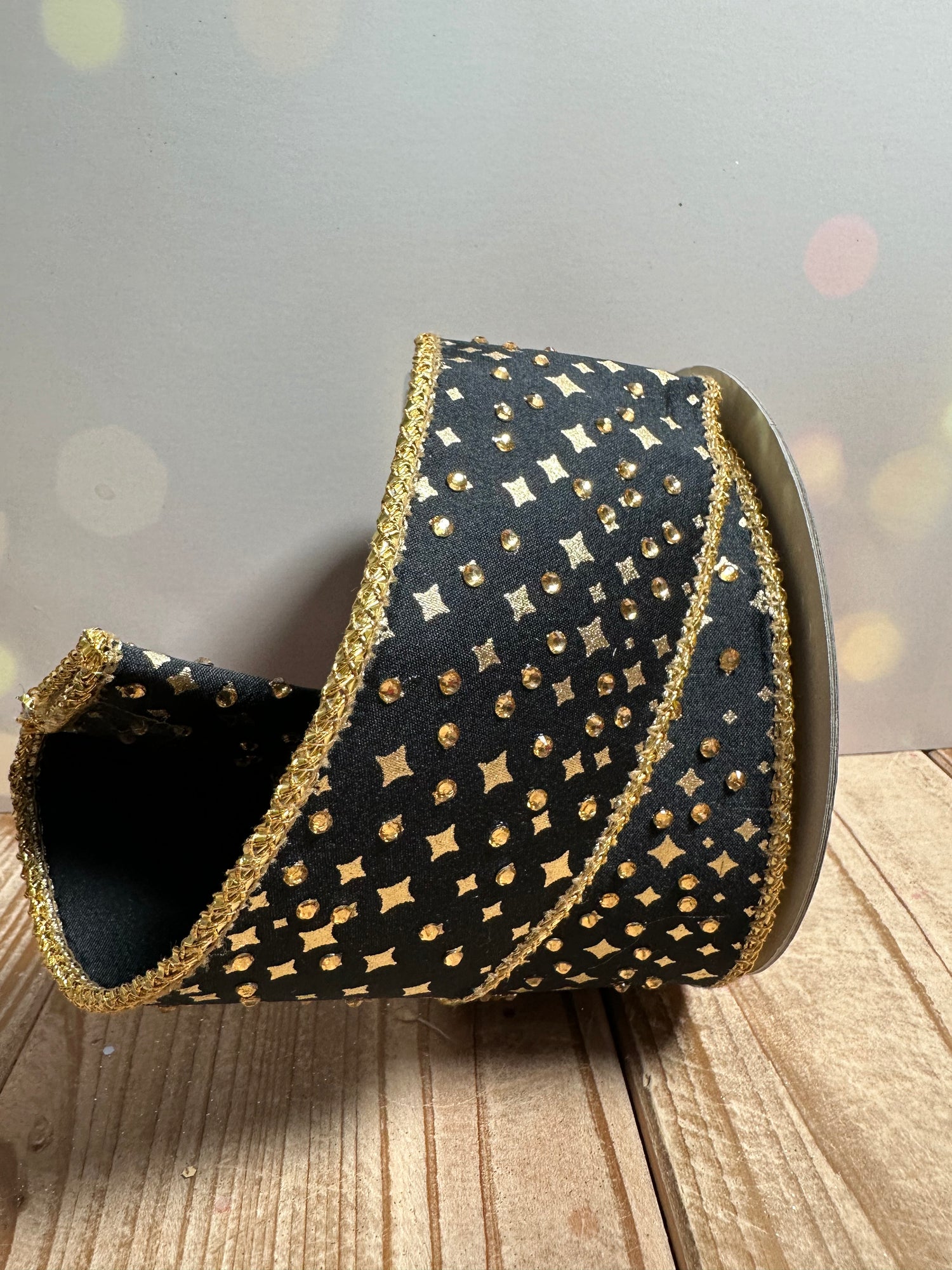 2.5"X5YD BURLAP & BLING STARS BLACK GOLD - Burlap and Bling Decor