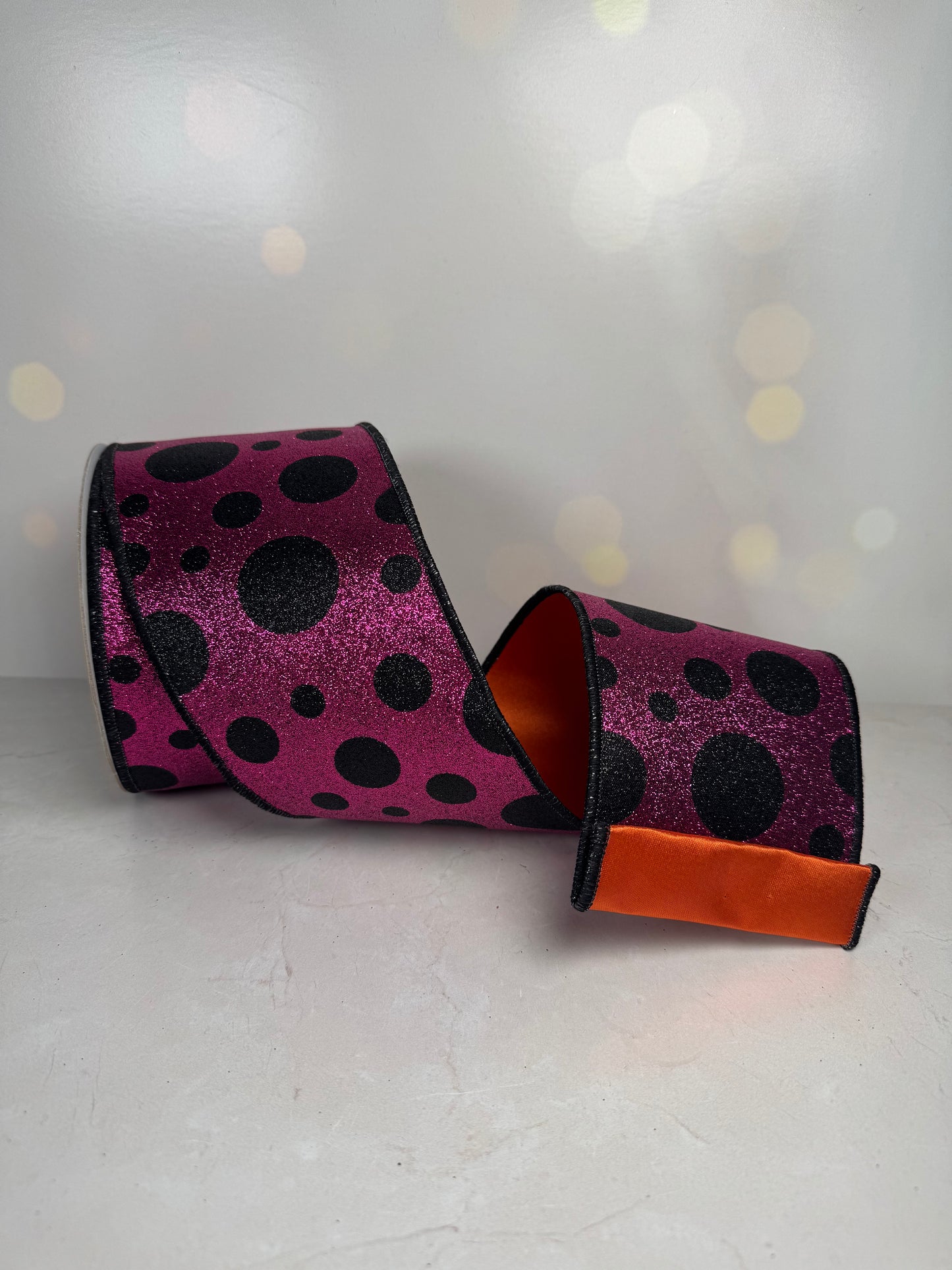 4"X10YD GIANT MULTI POLKA DOTS/FUSED BLACK/PINK/ORANGE - Burlap and Bling Decor