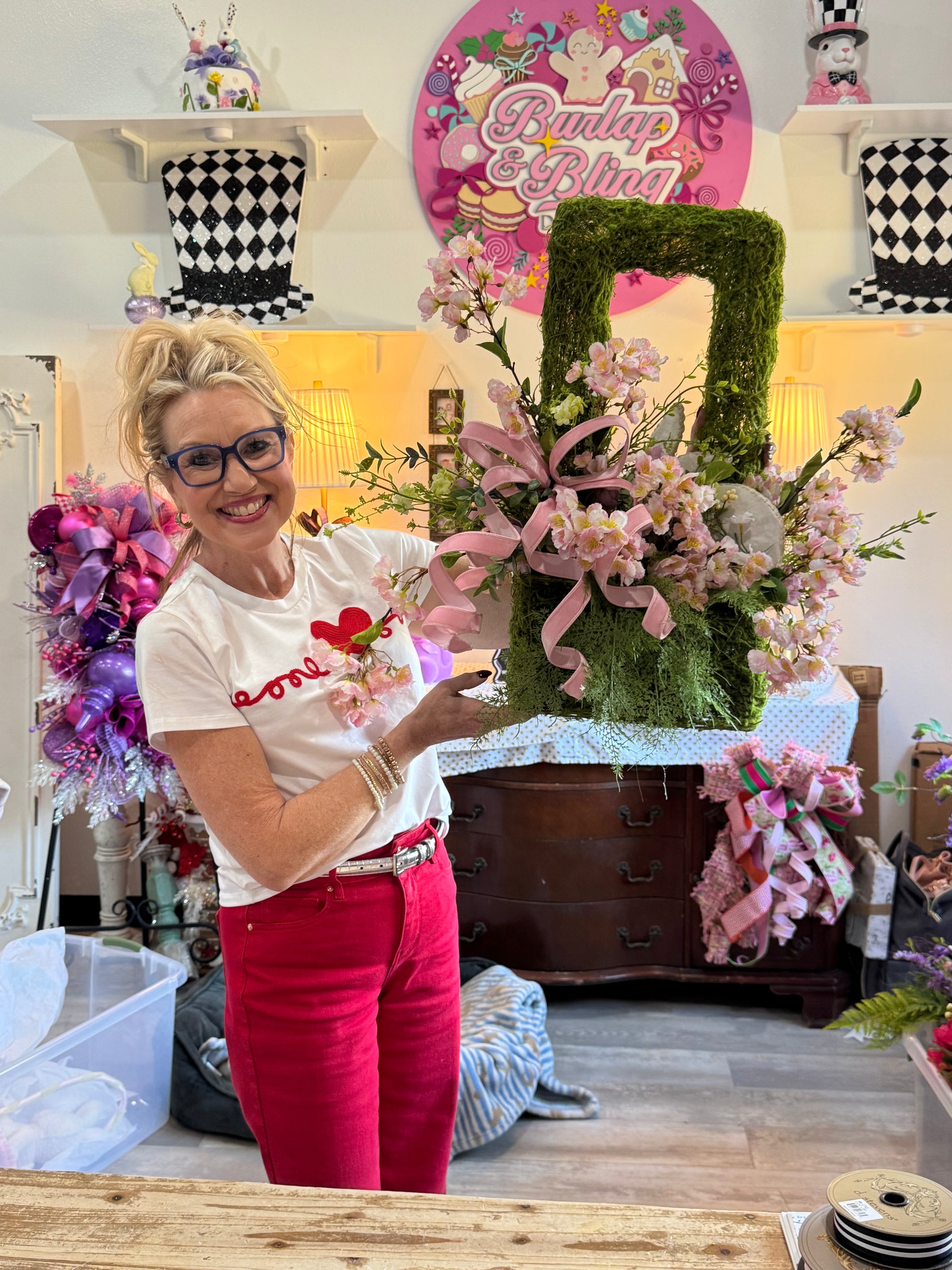 Pretty in Pink Moss Basket Wreath - Burlap and Bling Decor