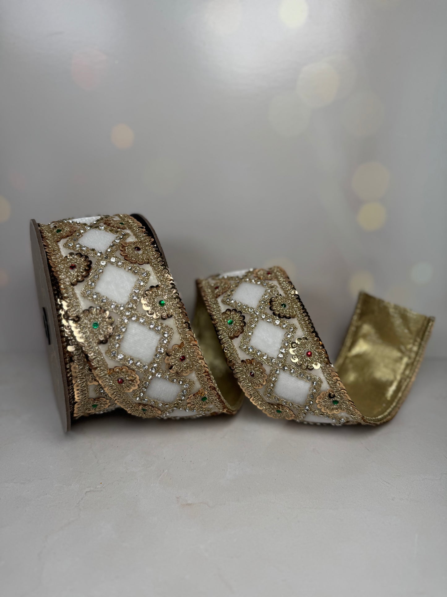2.5“ x 5yds velvet jewel sequin floral diamond  pattern, winter white - Burlap and Bling Decor
