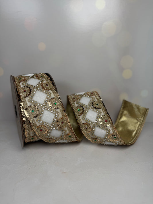 2.5“ x 5yds velvet jewel sequin floral diamond  pattern, winter white - Burlap and Bling Decor
