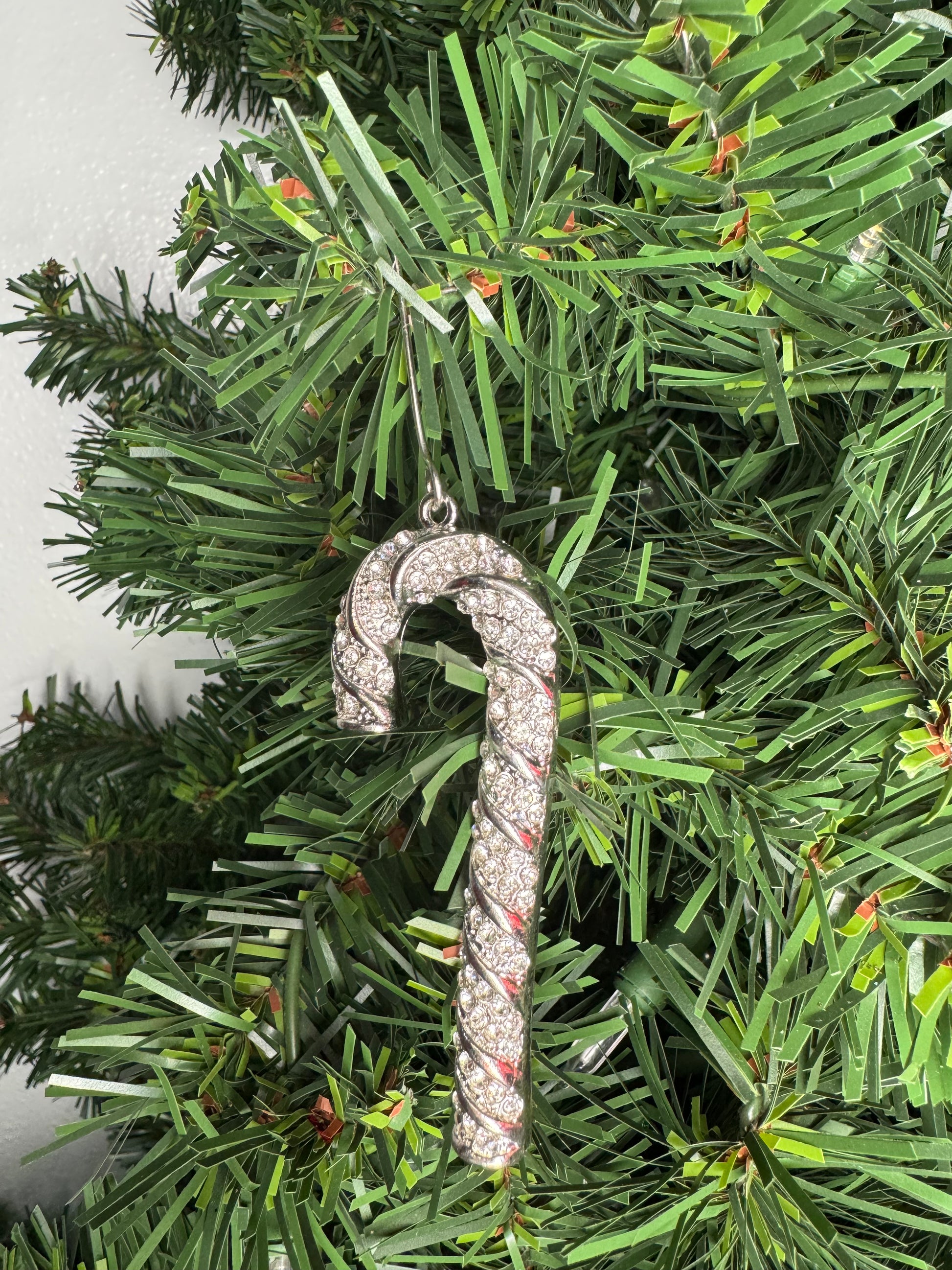 3“ jewel candy cane Ornament, clear silver - Burlap and Bling Decor