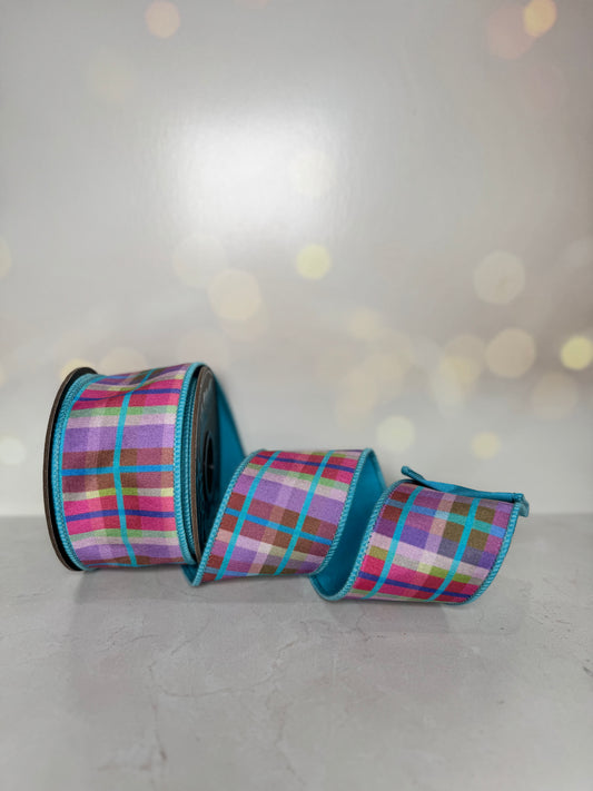 2.5"X 10yds PLAID BRIGHT DELUXE TURQUOISE BACKED WIRED RIBBON - Burlap and Bling Decor