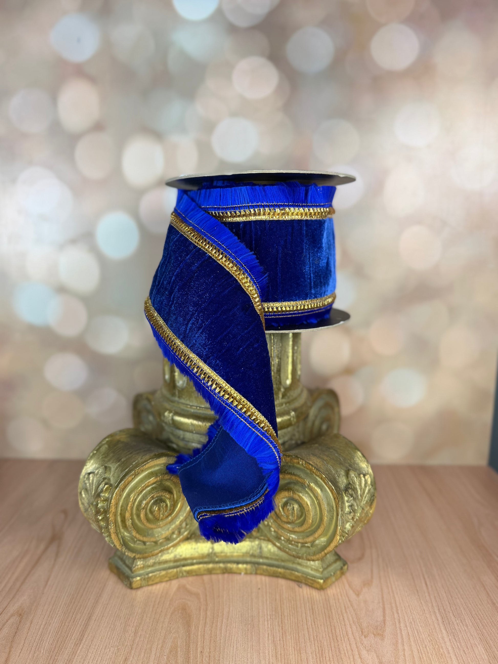 4" x 5 yds Royal Blue Velvet Ribbon with Royal Blue Fringe and Gold Trim - Burlap and Bling Decor