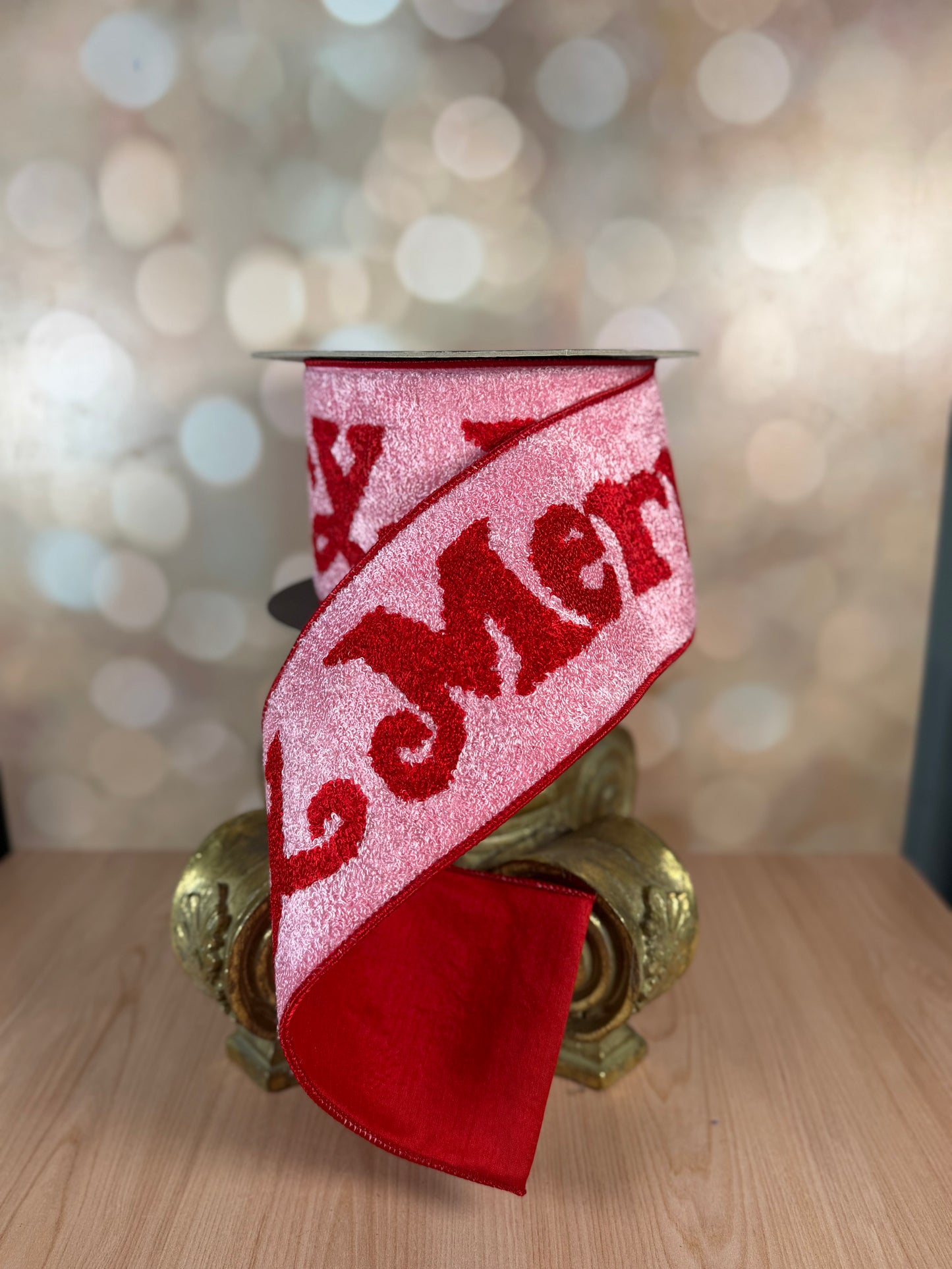 4" x 10 yards Red Merry Towel Pink Wired Ribbon - Burlap and Bling Decor