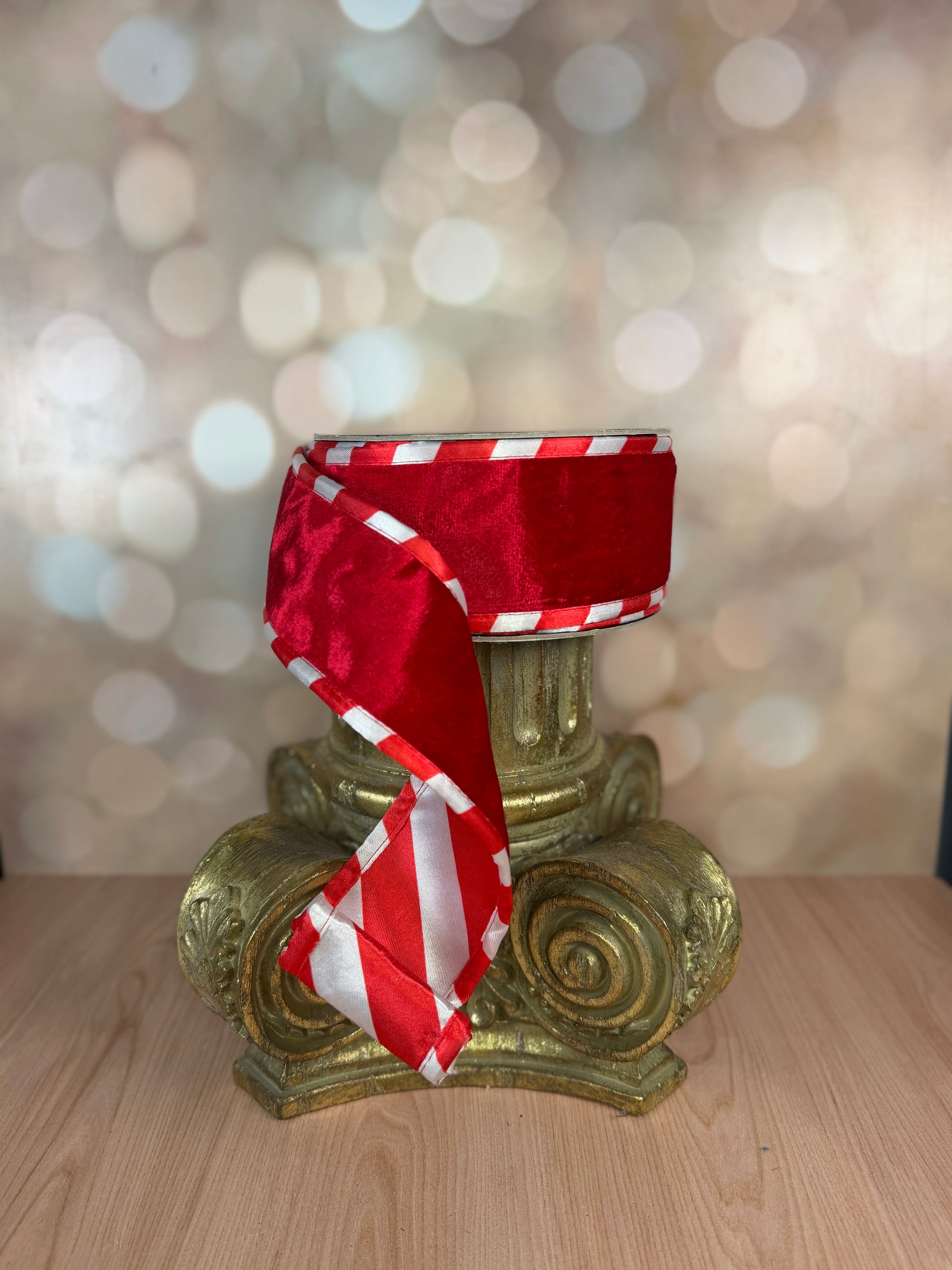 2.5" x 10 yds RED VELVET RIBBON WITH RED WHITE PIPING AND RED WHITE BIAS STRIPE IN SATIN BACKING - Burlap and Bling Decor