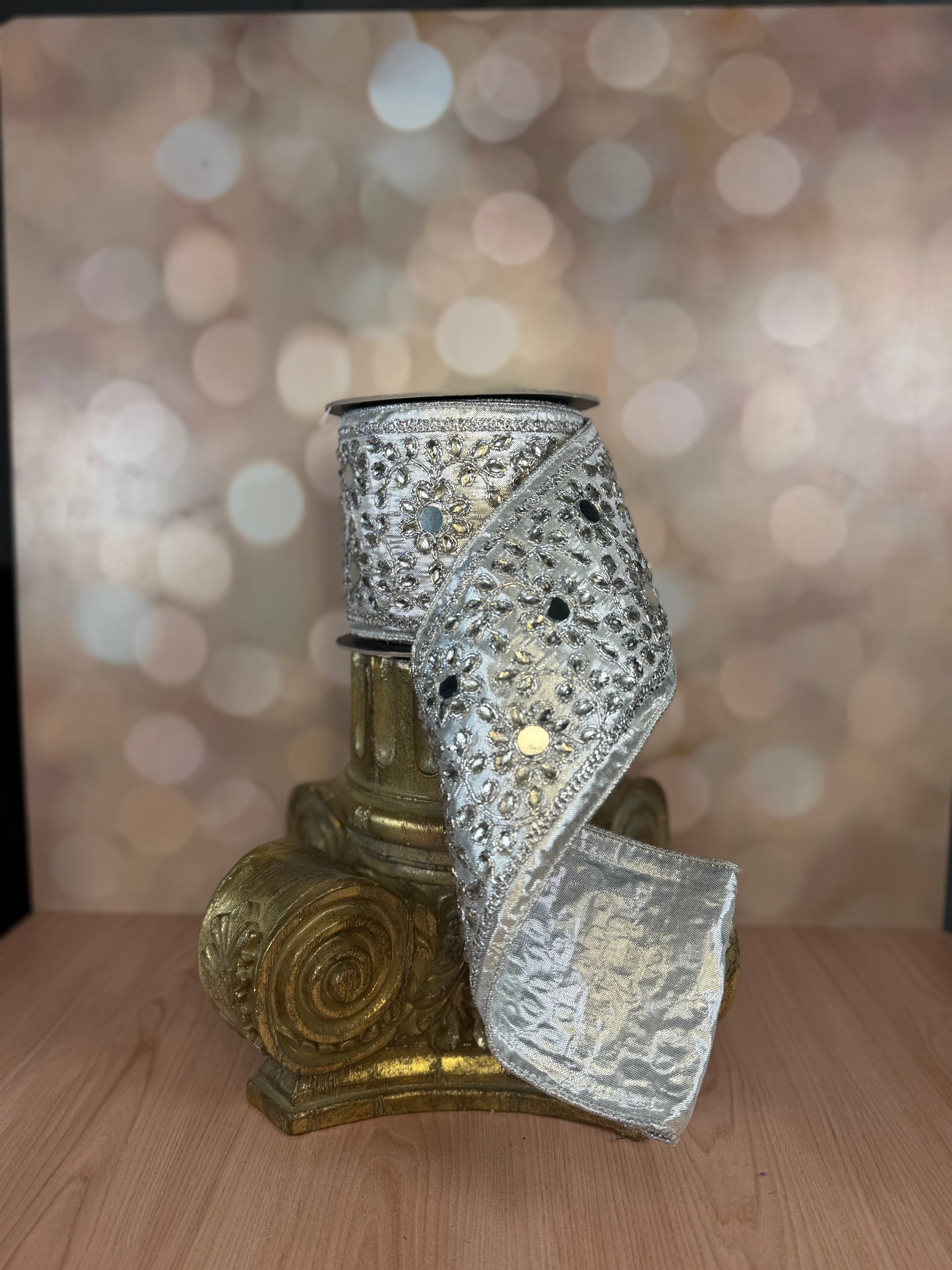 4" x 5 Yards Silver Mirror Embroidered Metallic Ribbon with Silver Edge - Burlap and Bling Decor