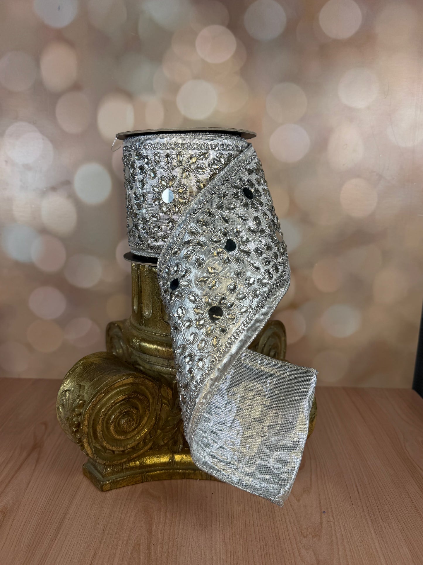 4" x 5 Yards Silver Mirror Embroidered Metallic Ribbon with Silver Edge - Burlap and Bling Decor