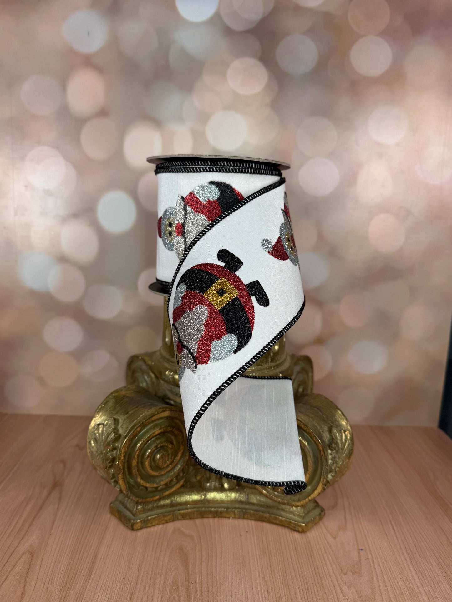 4" x 10 yds Glittered Santa Claus Ribbon with White Back - Burlap and Bling Decor