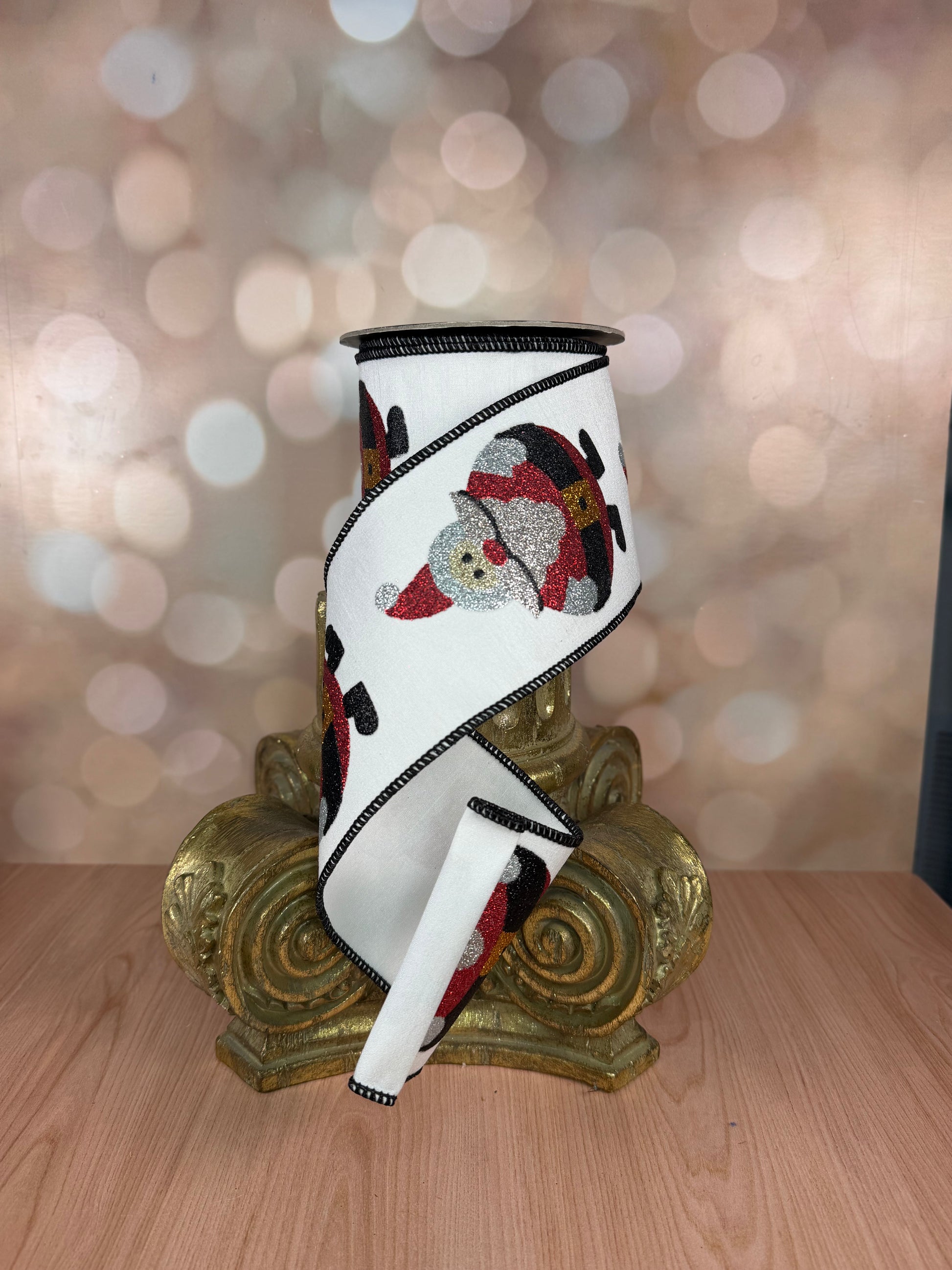 4" x 10 yds Glittered Santa Claus Ribbon with White Back - Burlap and Bling Decor