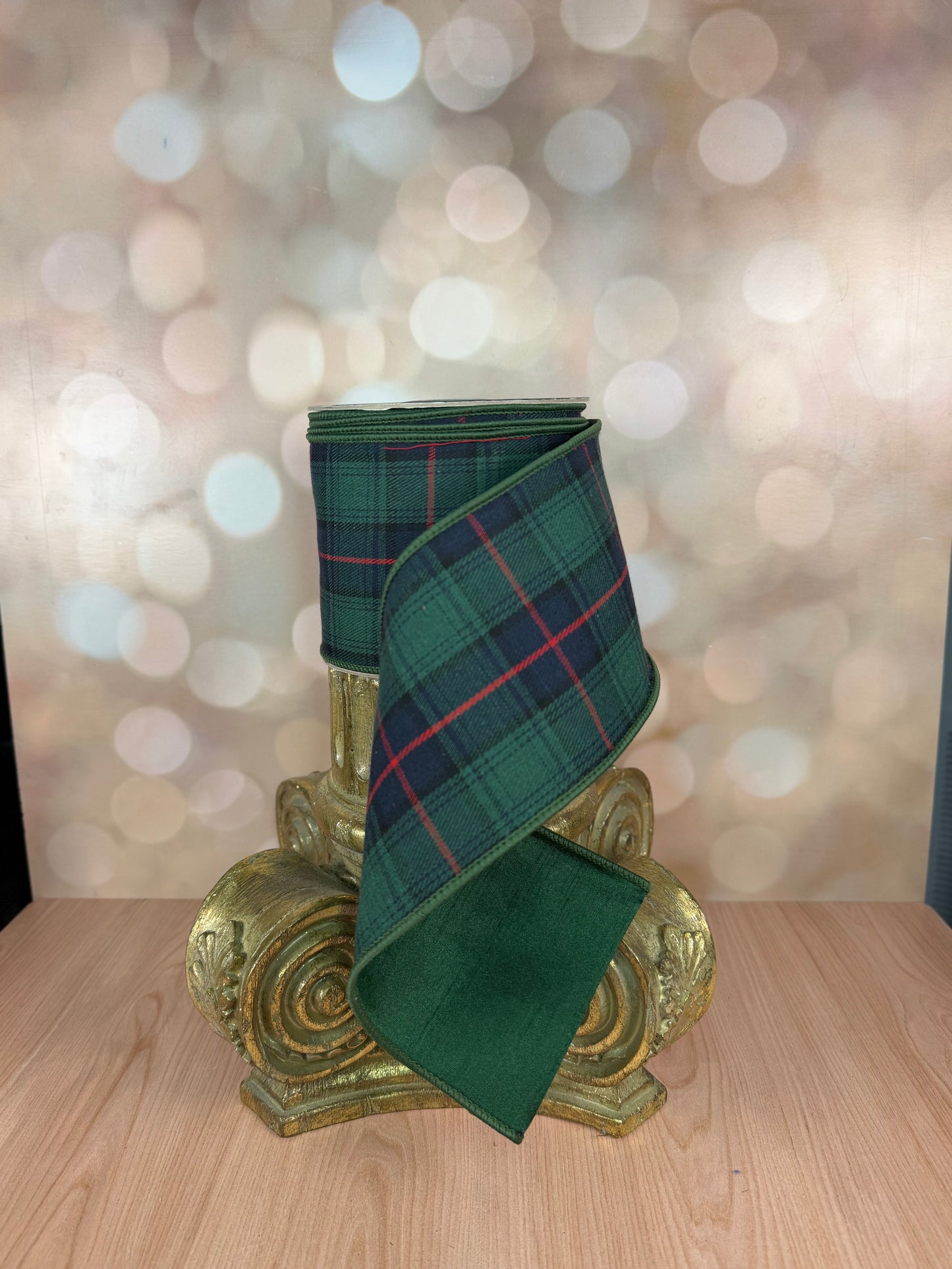 4" x 10 yds Dark green, Midnight Blue and Red Plaid Ribbon with Green Back - Burlap and Bling Decor