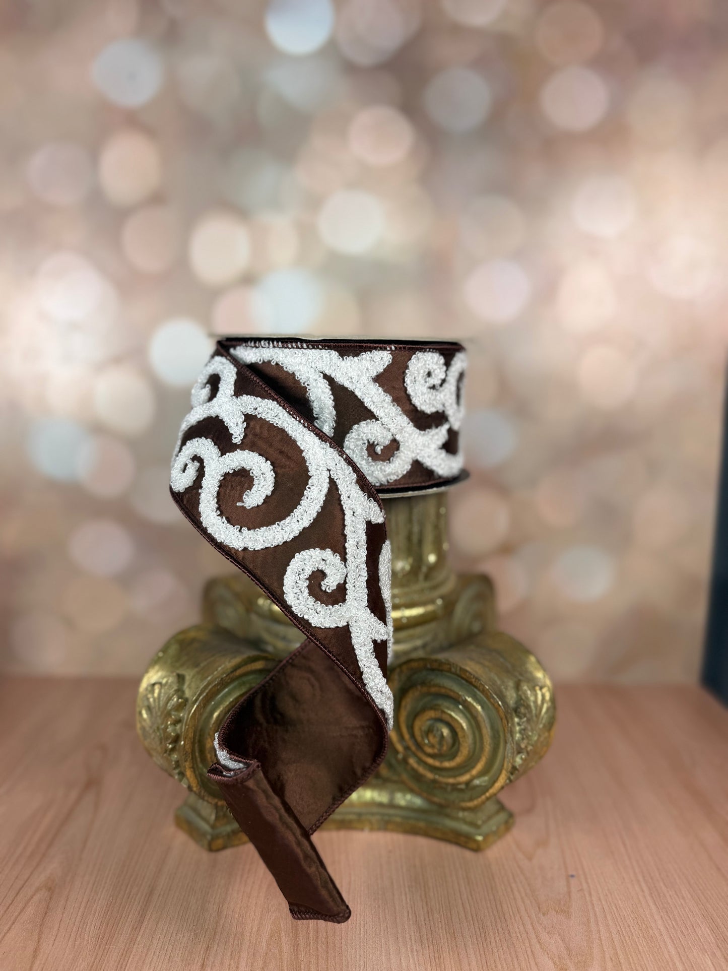 2.5" x 10 yds Chocolate Brown Satin Ribbon with White Embroidered Swirl - Burlap and Bling Decor
