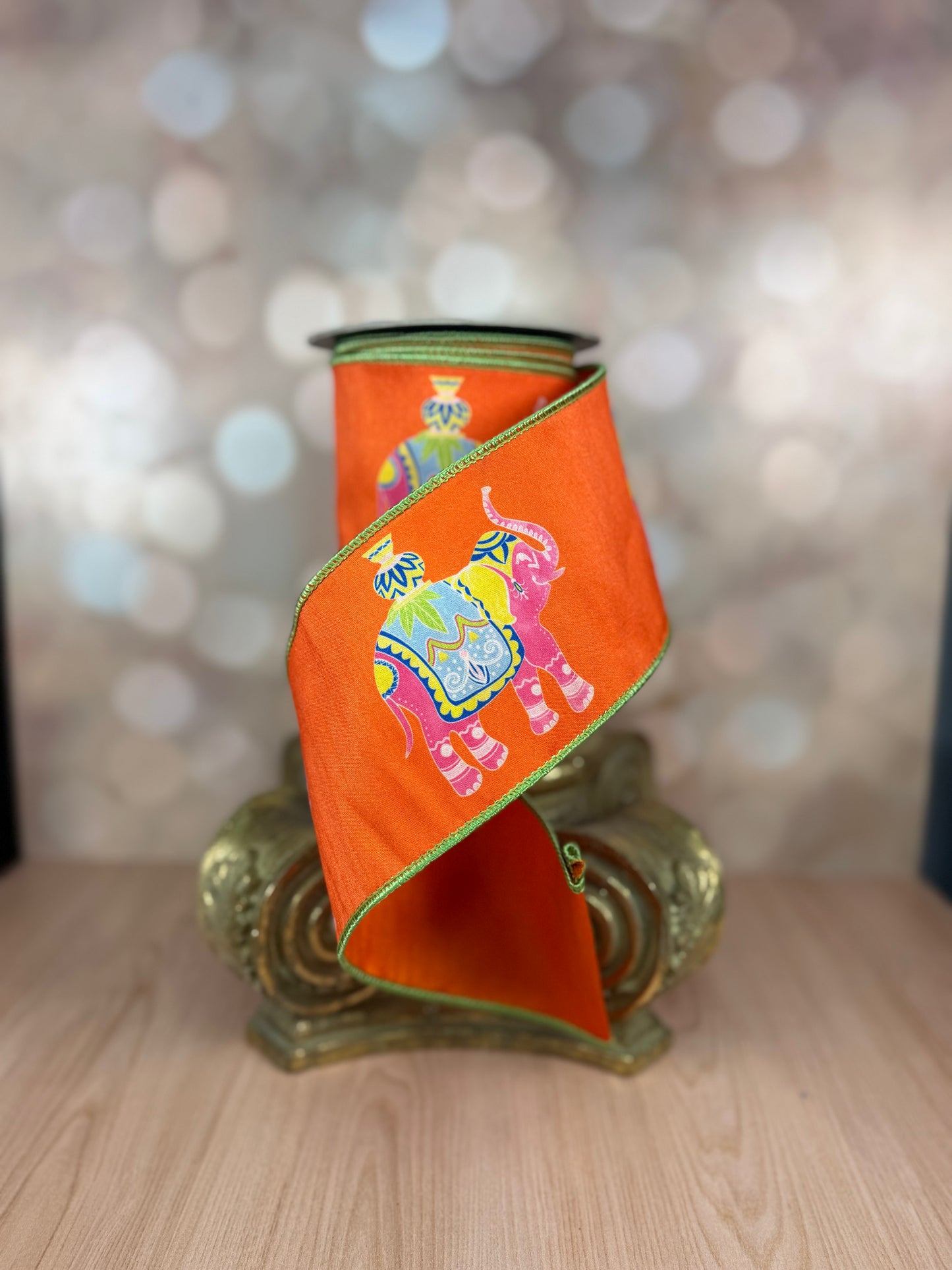 4"X10YD Indian traditional digital print on orange back - Burlap and Bling Decor
