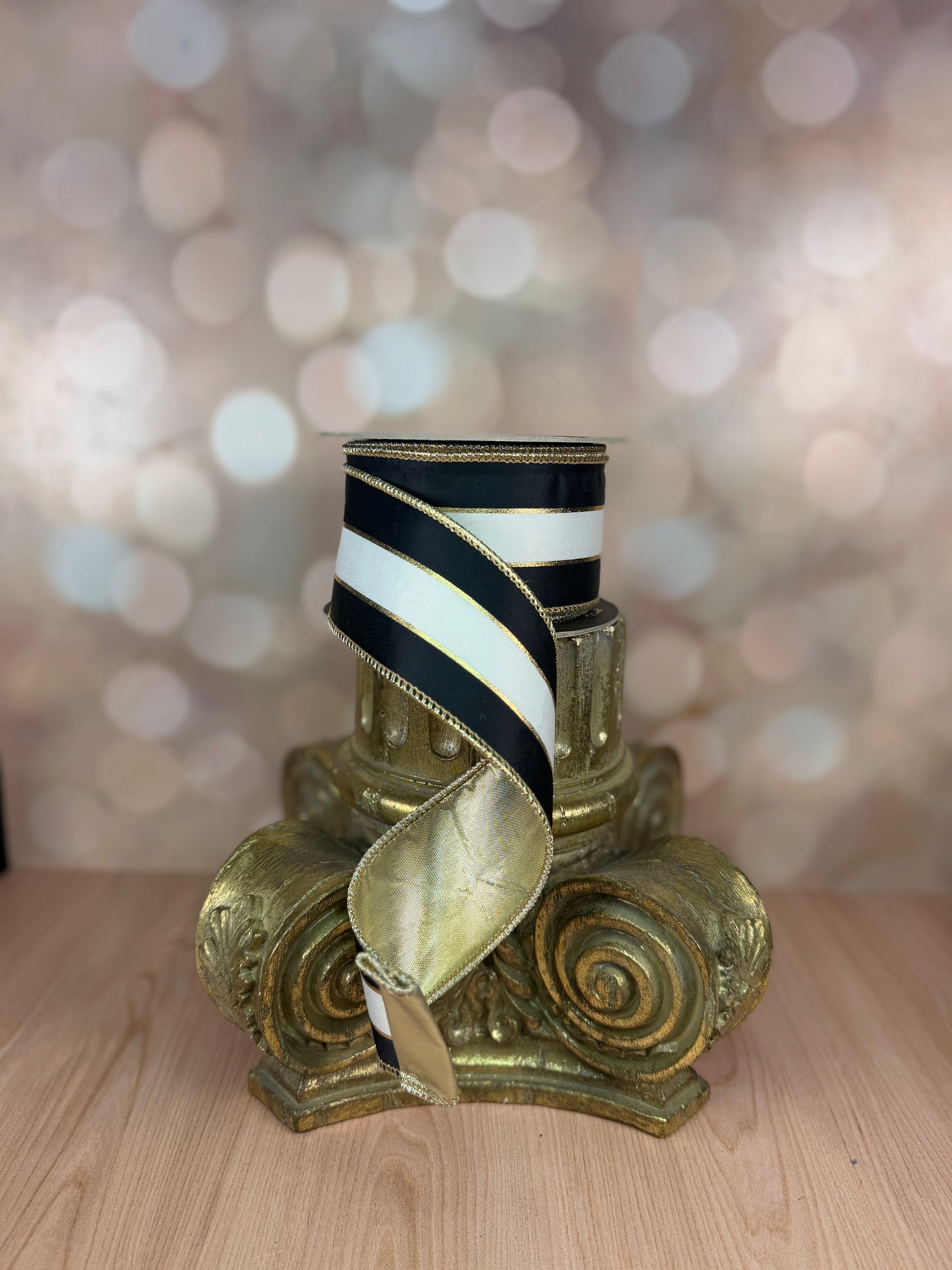 2.5" x 10 yds BLACK/WHITE WITH GOLD LINE WITH GOLD LAME BACK - Burlap and Bling Decor
