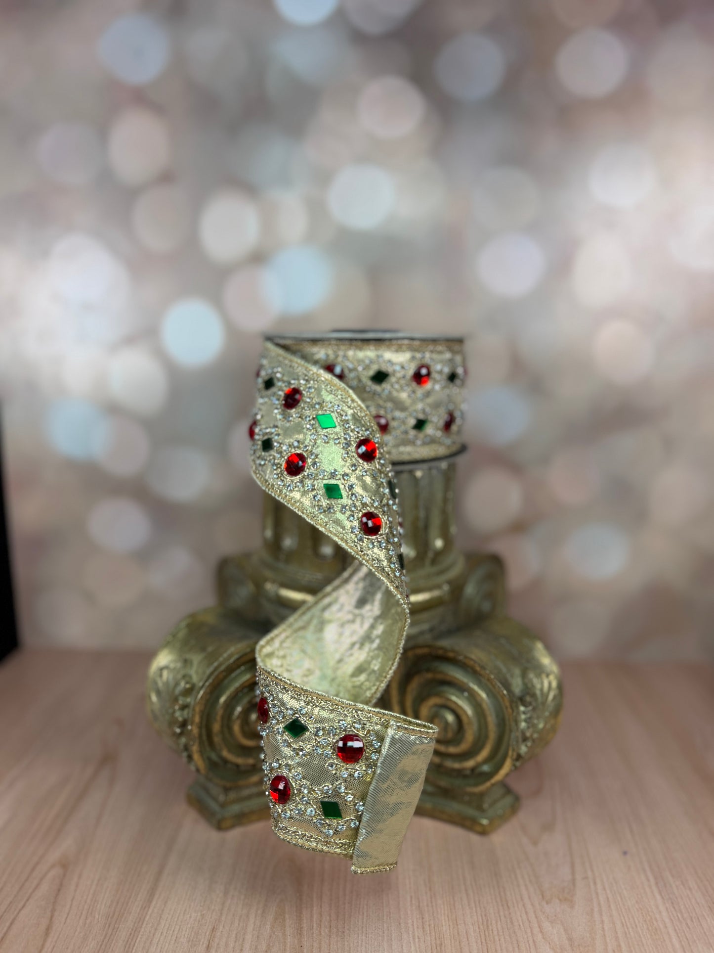 2.5" x 5 yards Gold with Red and Green Jewels - Burlap and Bling Decor