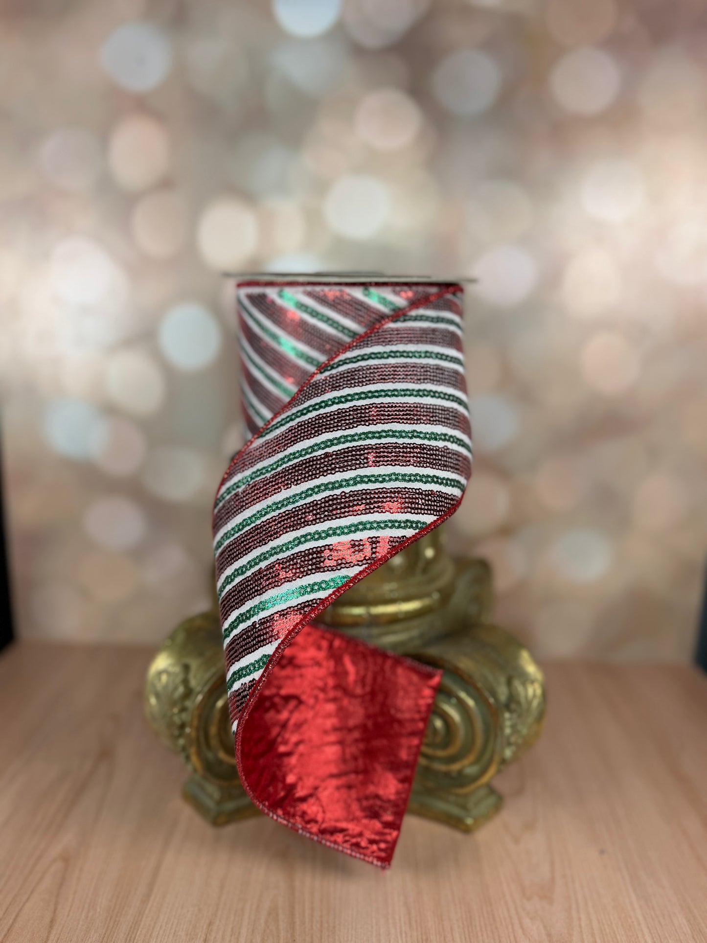 4" x 10 yds Red, Green and White Sequin Ribbon in Peppermint Stripe - Burlap and Bling Decor