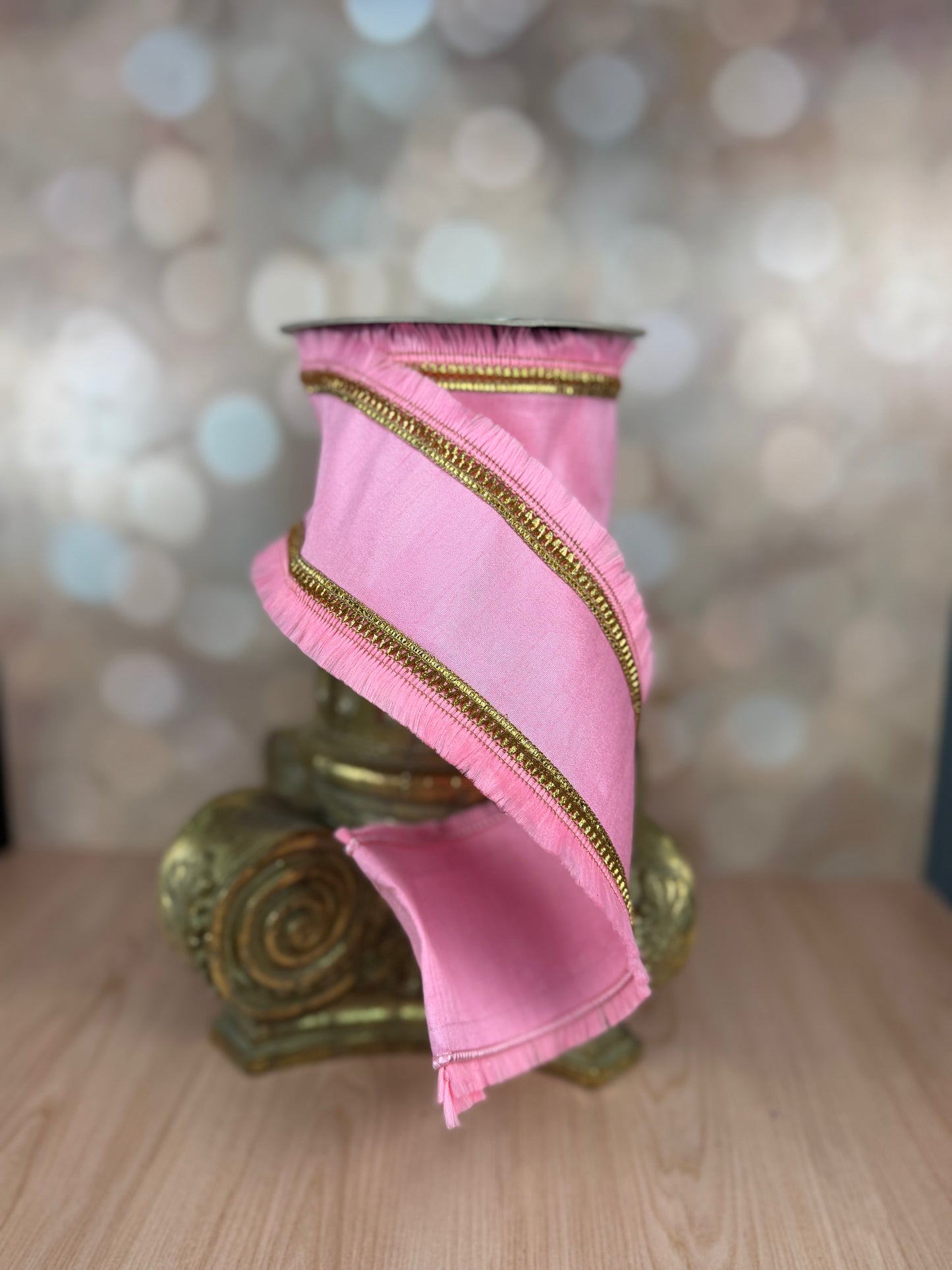 4" x 10 yds Pink Fringe on Pink and Gold Trim - Burlap and Bling Decor