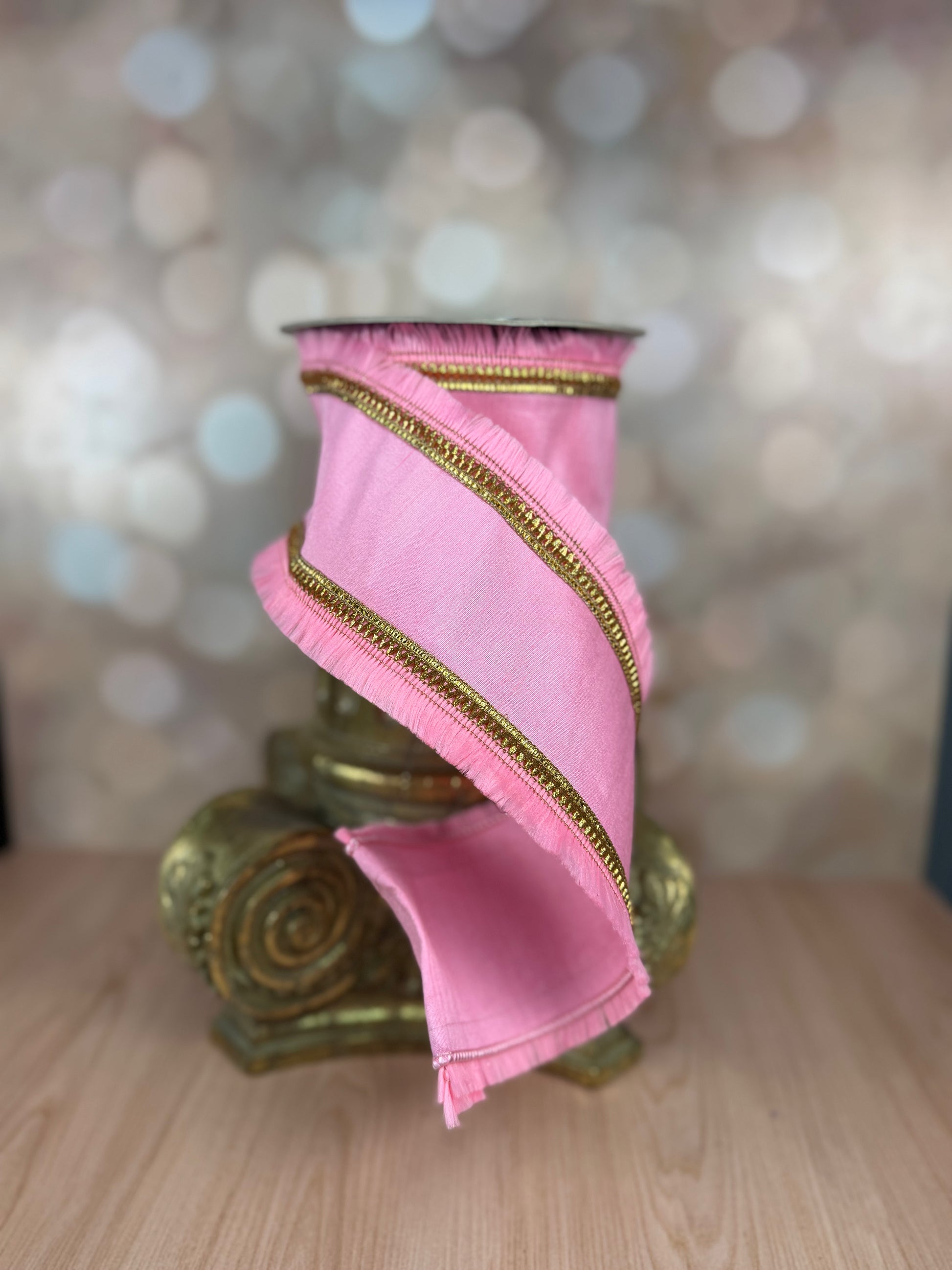 4" x 10 yds Pink Fringe on Pink and Gold Trim - Burlap and Bling Decor
