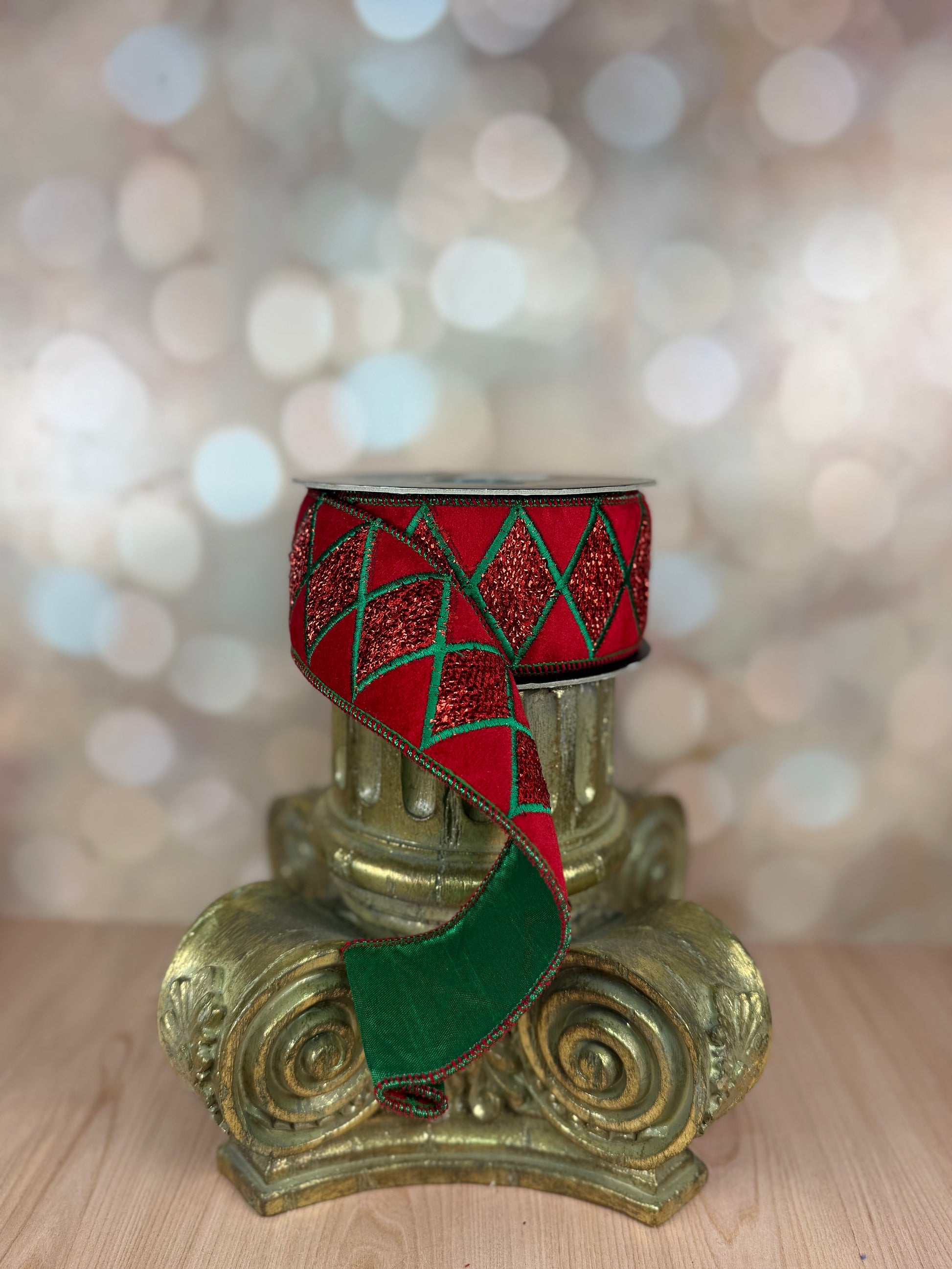 2.5" x 10 yds Red and Green Emboidered Diamond Ribbon green backing - Burlap and Bling Decor