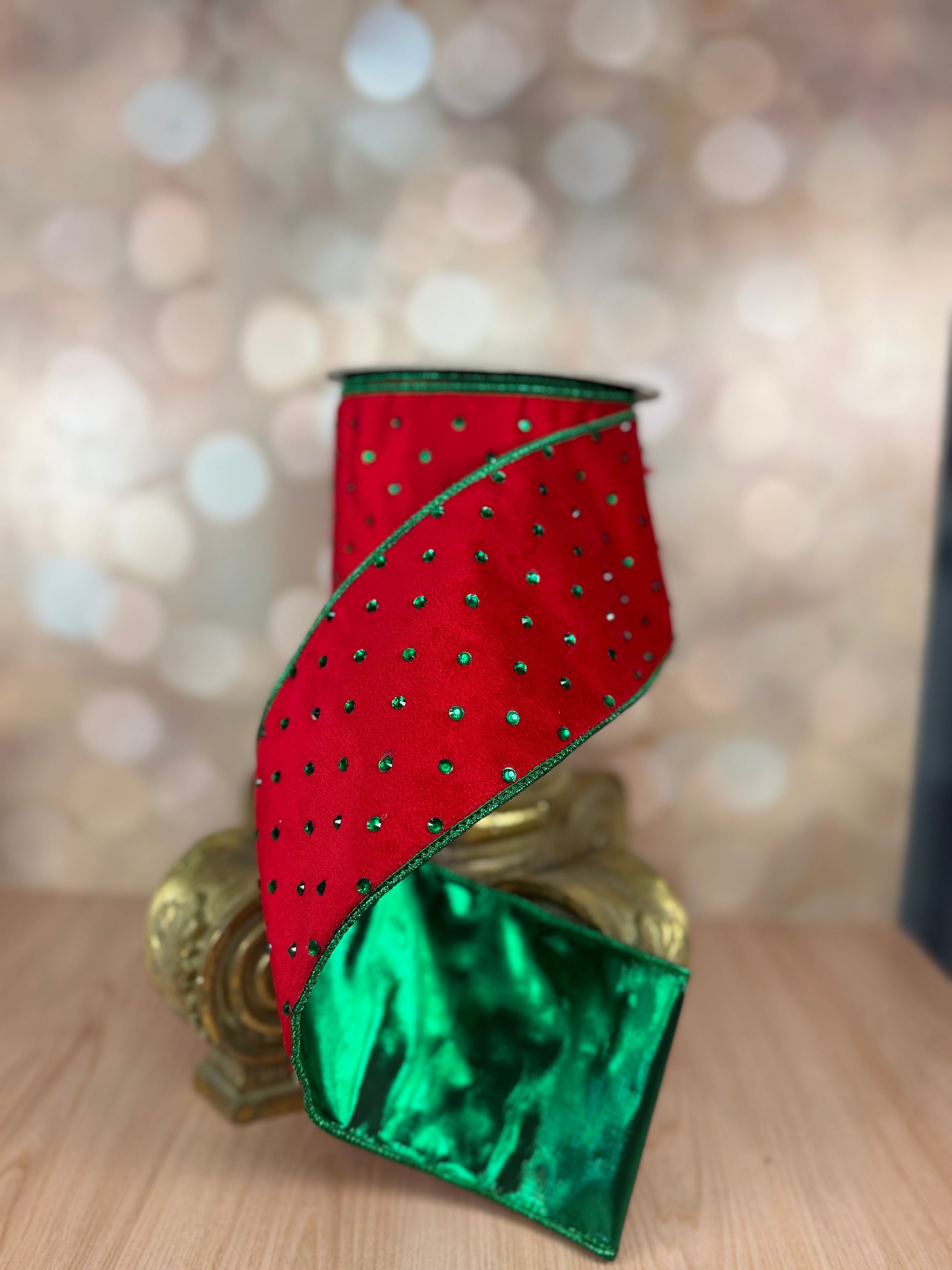 4" x 10 yds Red Ribbon with Green Rhinestones and Green Trim - Burlap and Bling Decor