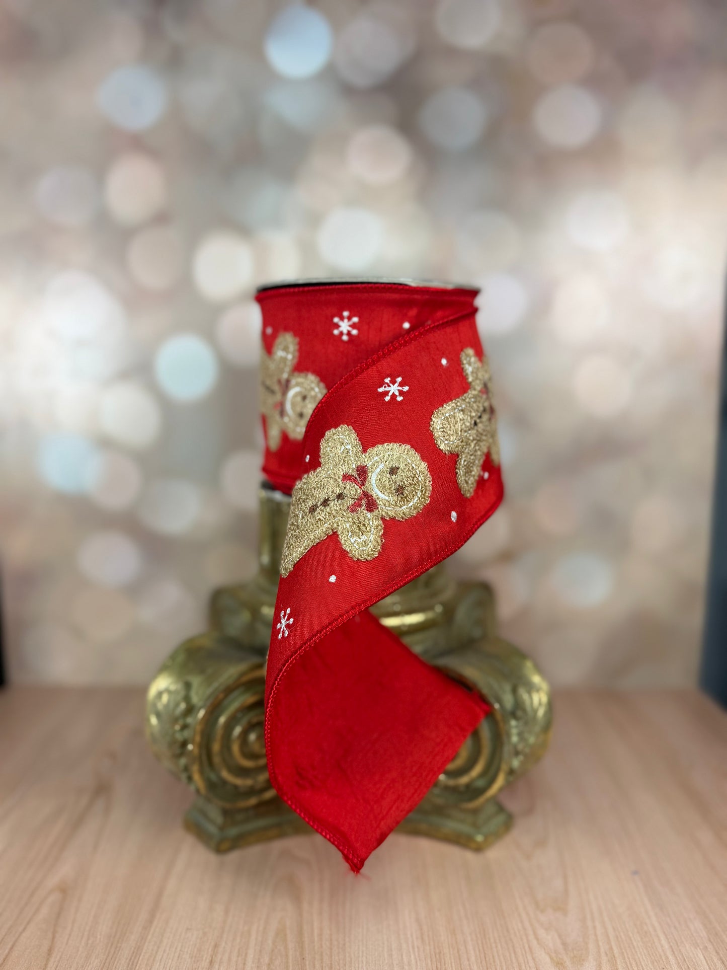 4" x 10 yards Fuzzy Gingerbread on Red Duboni - Burlap and Bling Decor