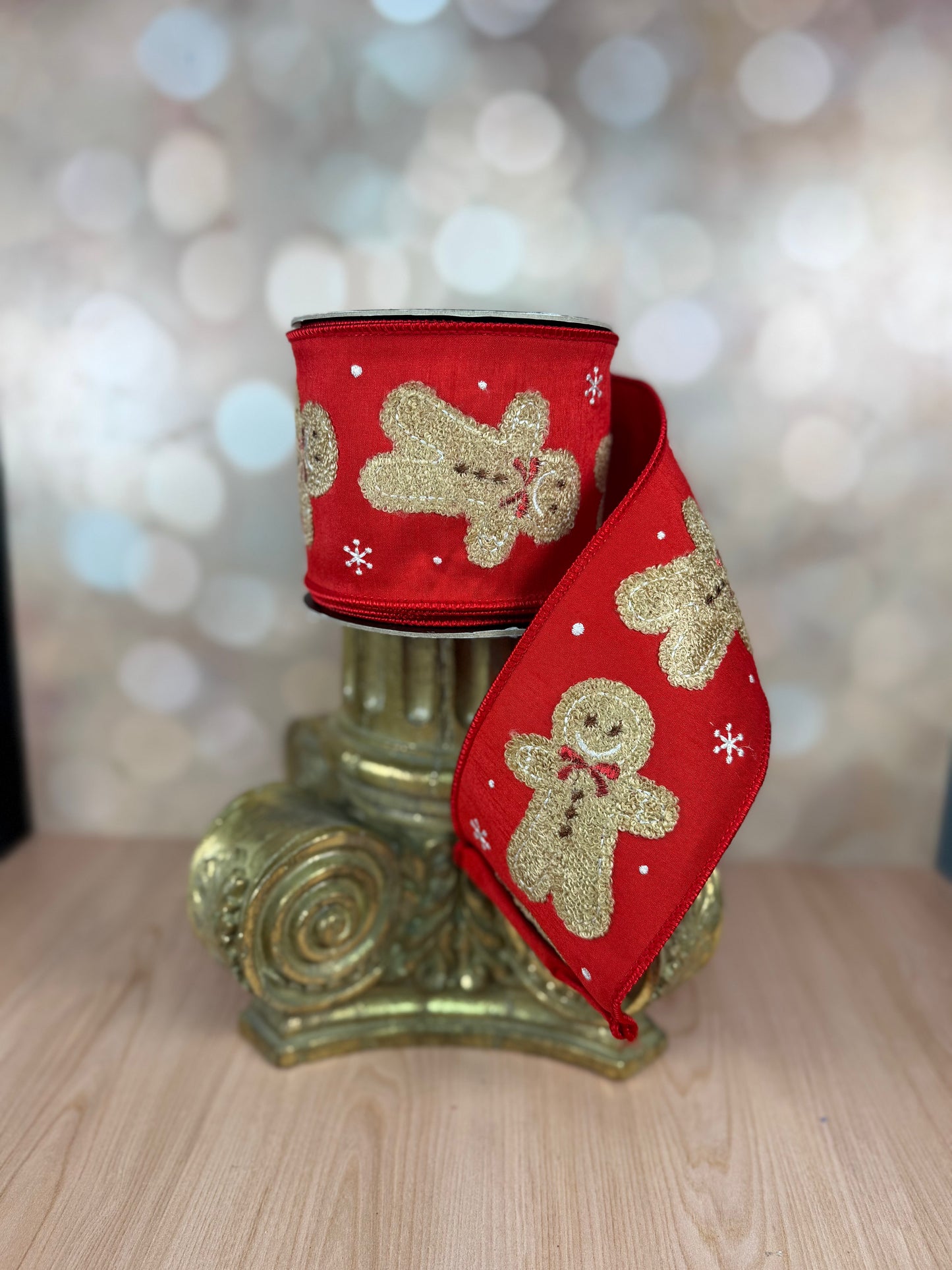 4" x 10 yards Fuzzy Gingerbread on Red Duboni - Burlap and Bling Decor