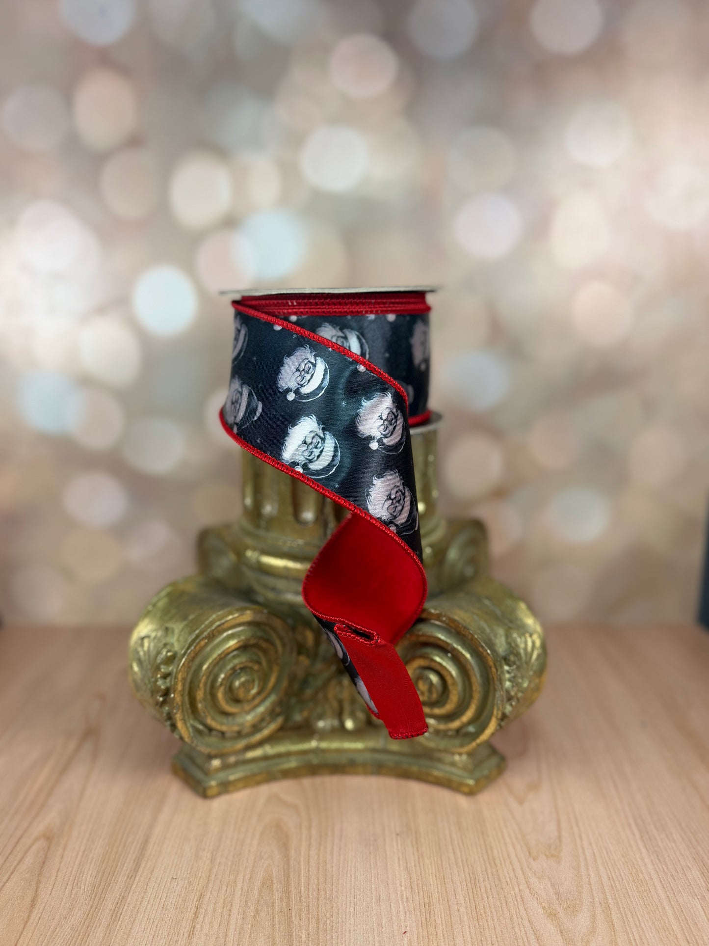 2.5" x 10 yds Black Satin Santa Ribbon with Red Trim and Red Back - Burlap and Bling Decor