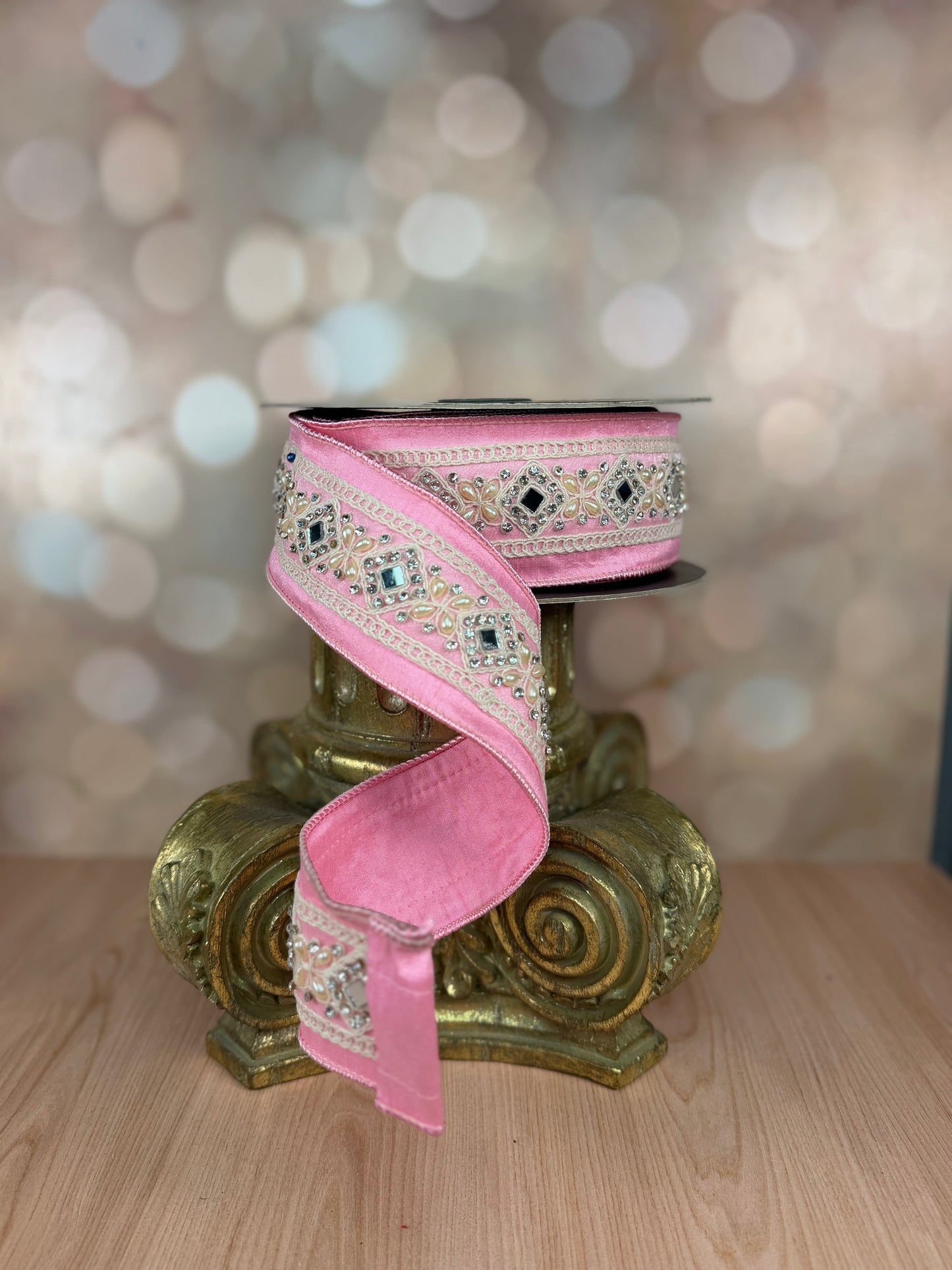 2.5"X10YD MIRROR TRIM IN THE CENTER PINK DUPION PINK DUPION BACK AND PINK EDGE. - Burlap and Bling Decor