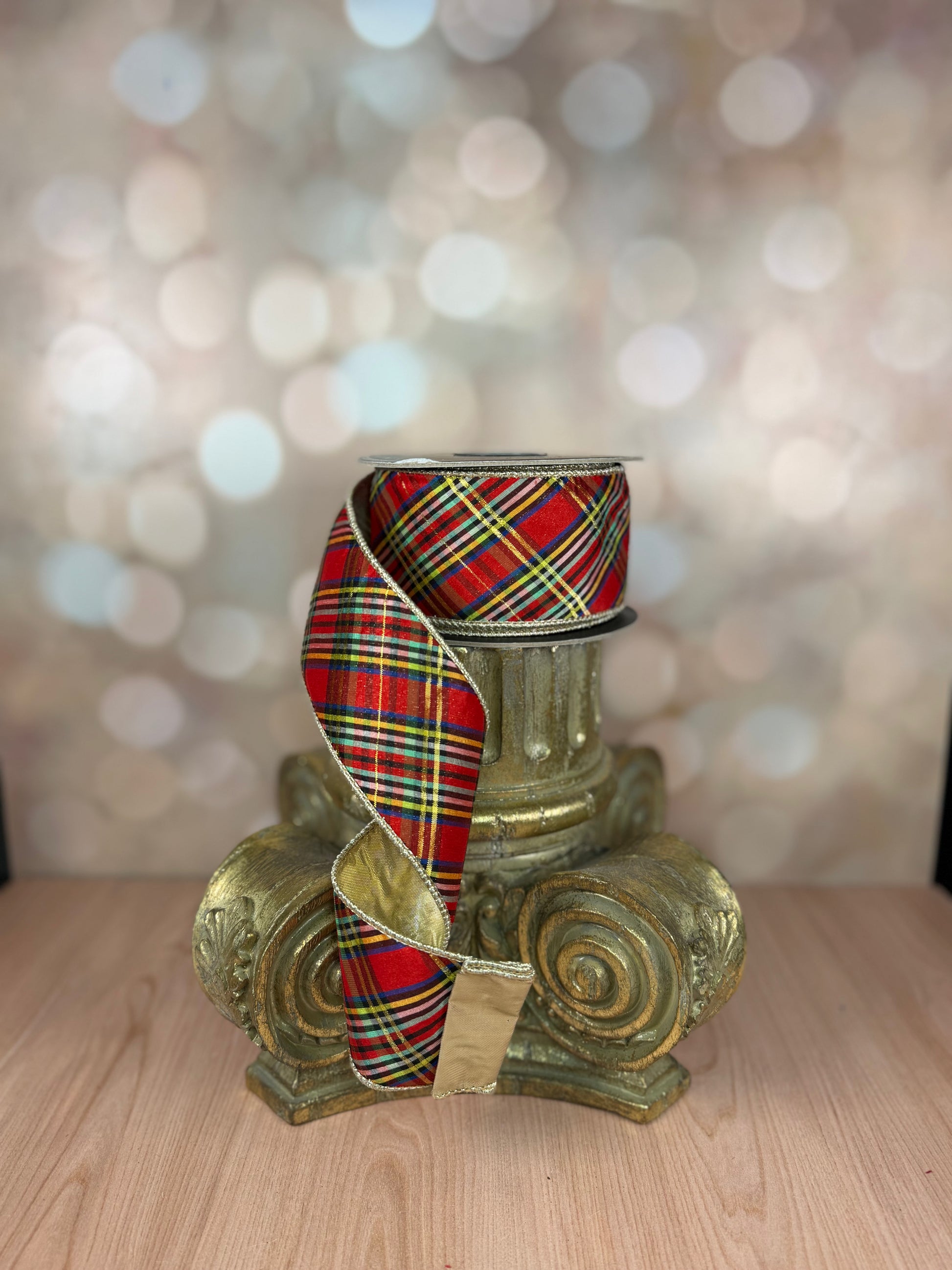 2.5" 10 yards Christmas Plaid w/ Gold Foil - Burlap and Bling Decor