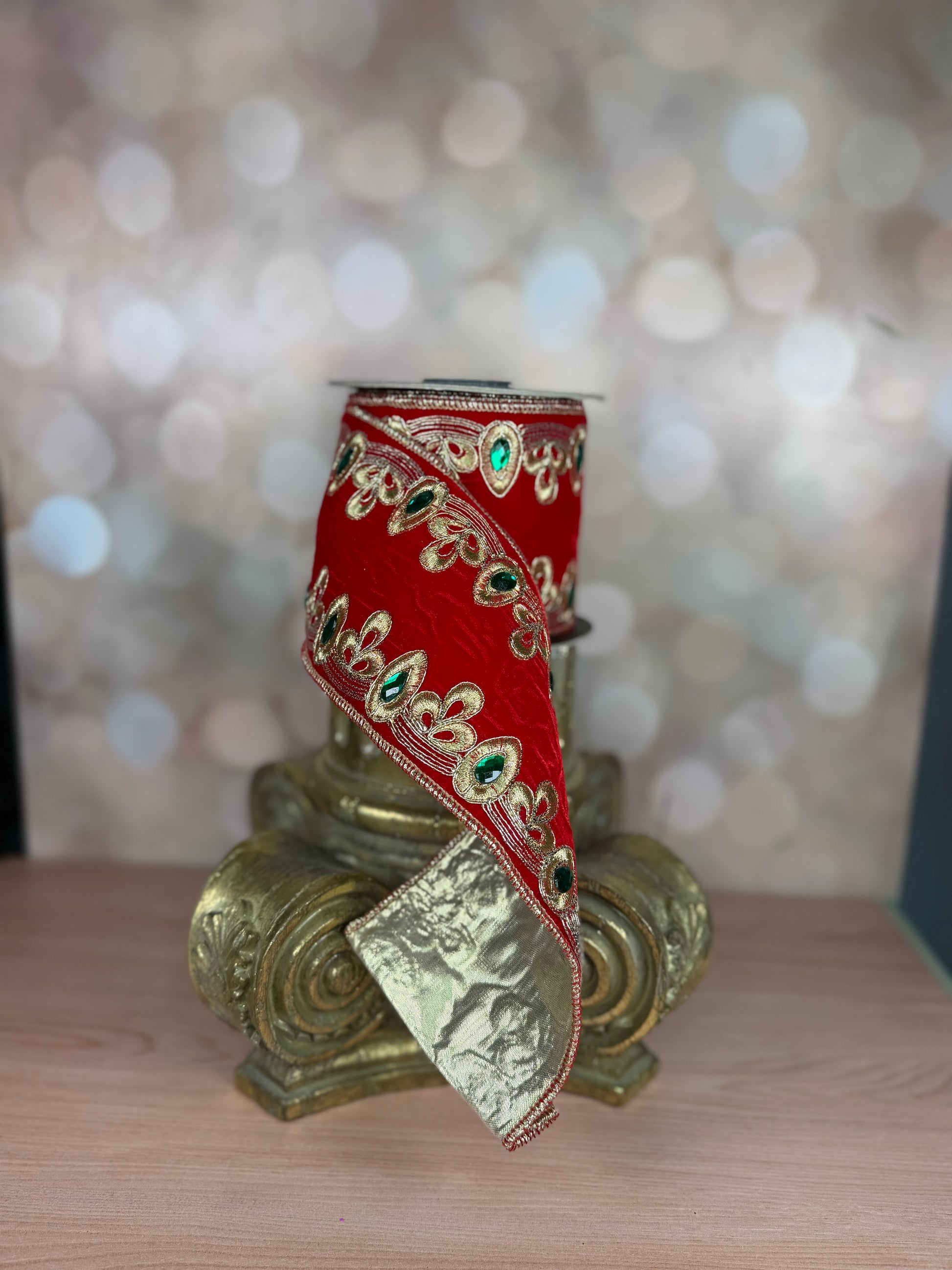 4" x 5 yds Red Ribbon with Embroidered Gold Details and Green Jewels - Burlap and Bling Decor
