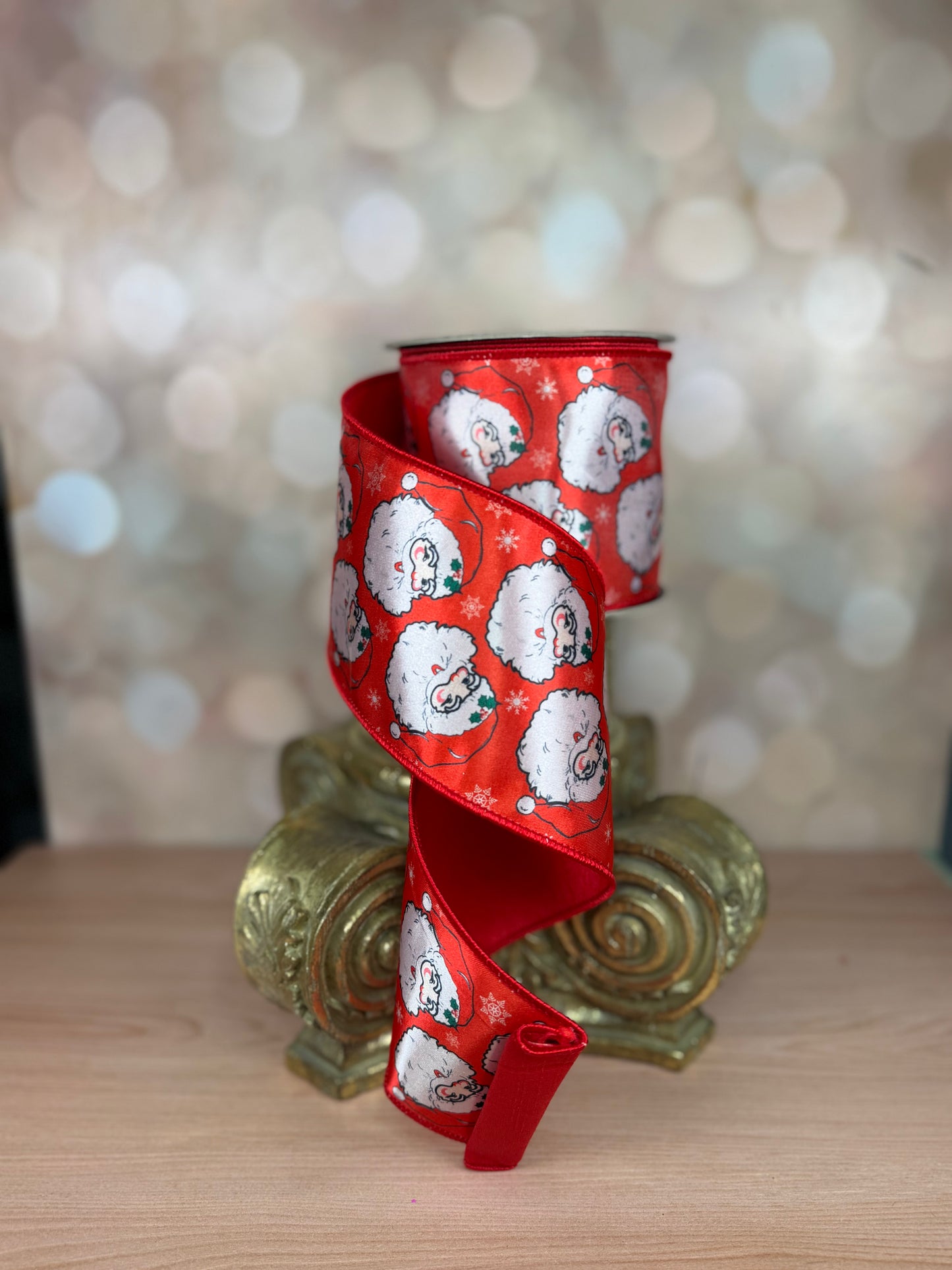 4" x 10yards retro santa on red satin - Burlap and Bling Decor