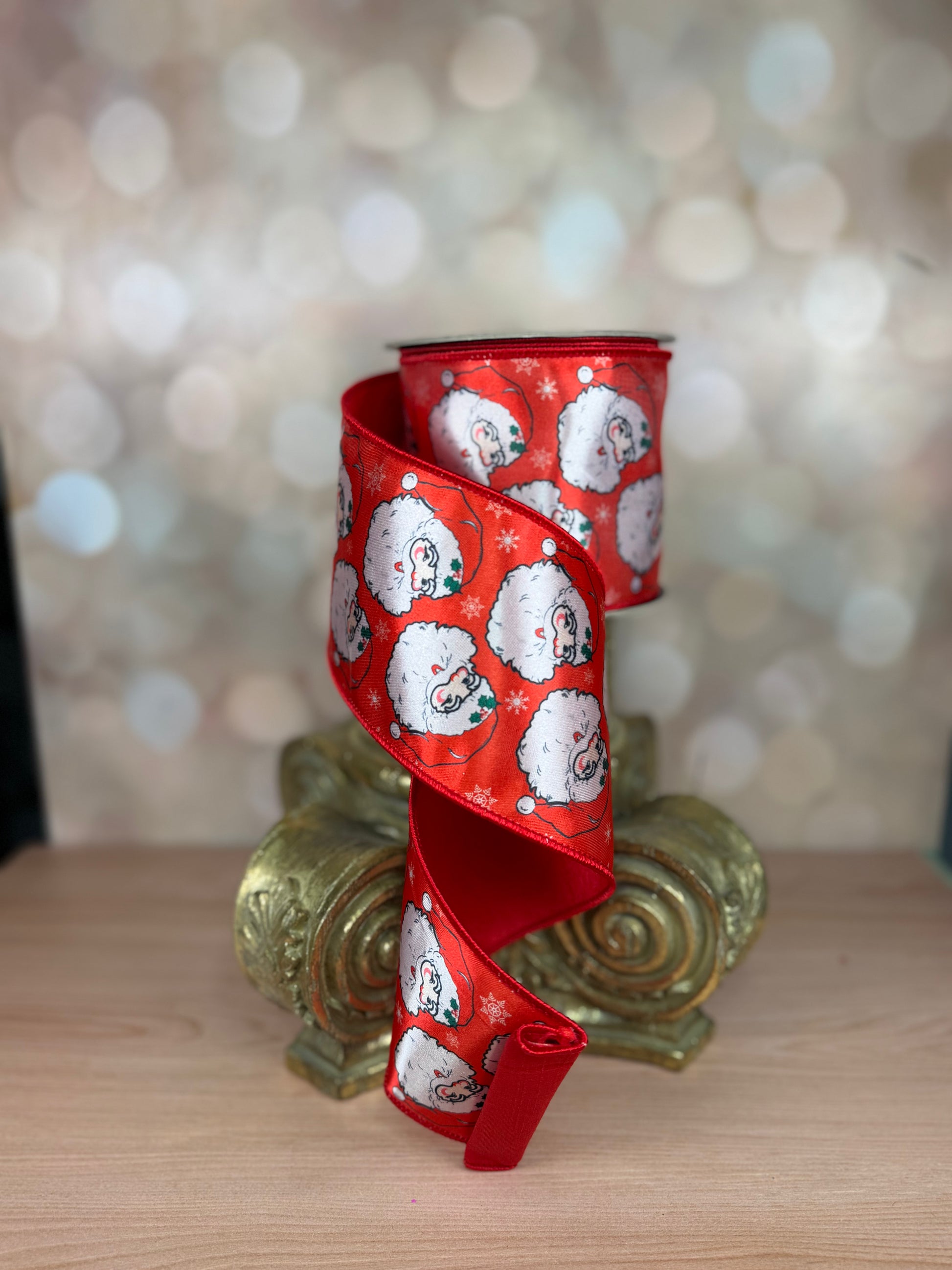 4" x 10yards retro santa on red satin - Burlap and Bling Decor