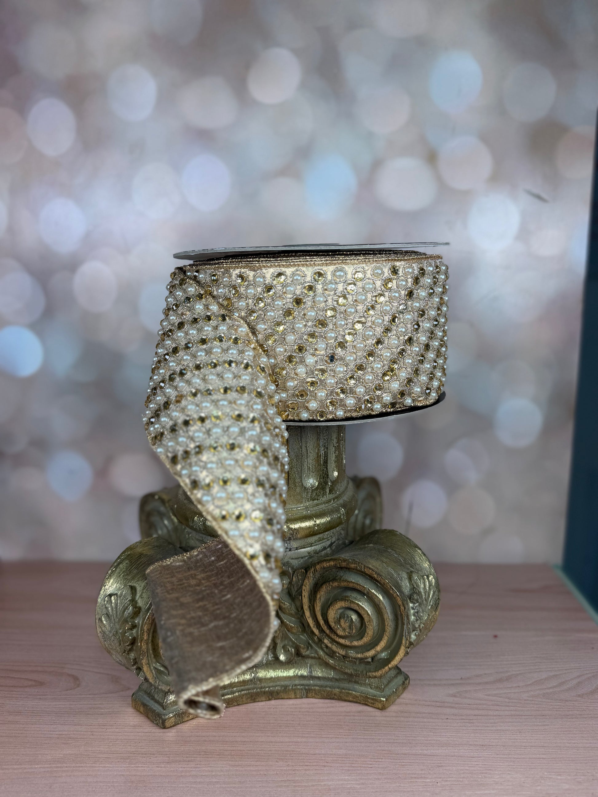 4" x 10 yds Gold Ribbon with Gold Jewels and Pearls - Burlap and Bling Decor