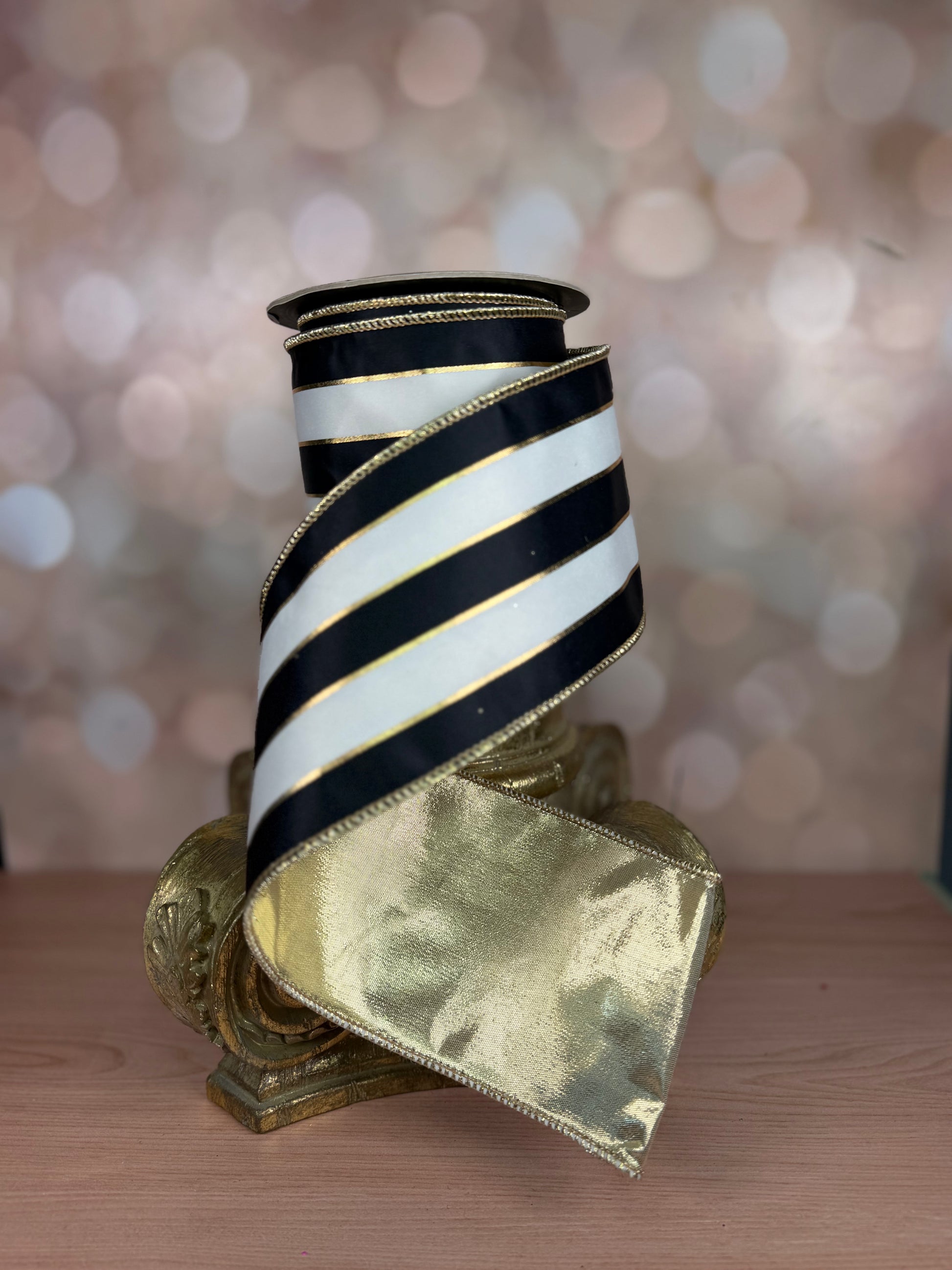 4" x 10 yds Black and White Stripe Ribbon with Gold Back and Gold Details - Burlap and Bling Decor