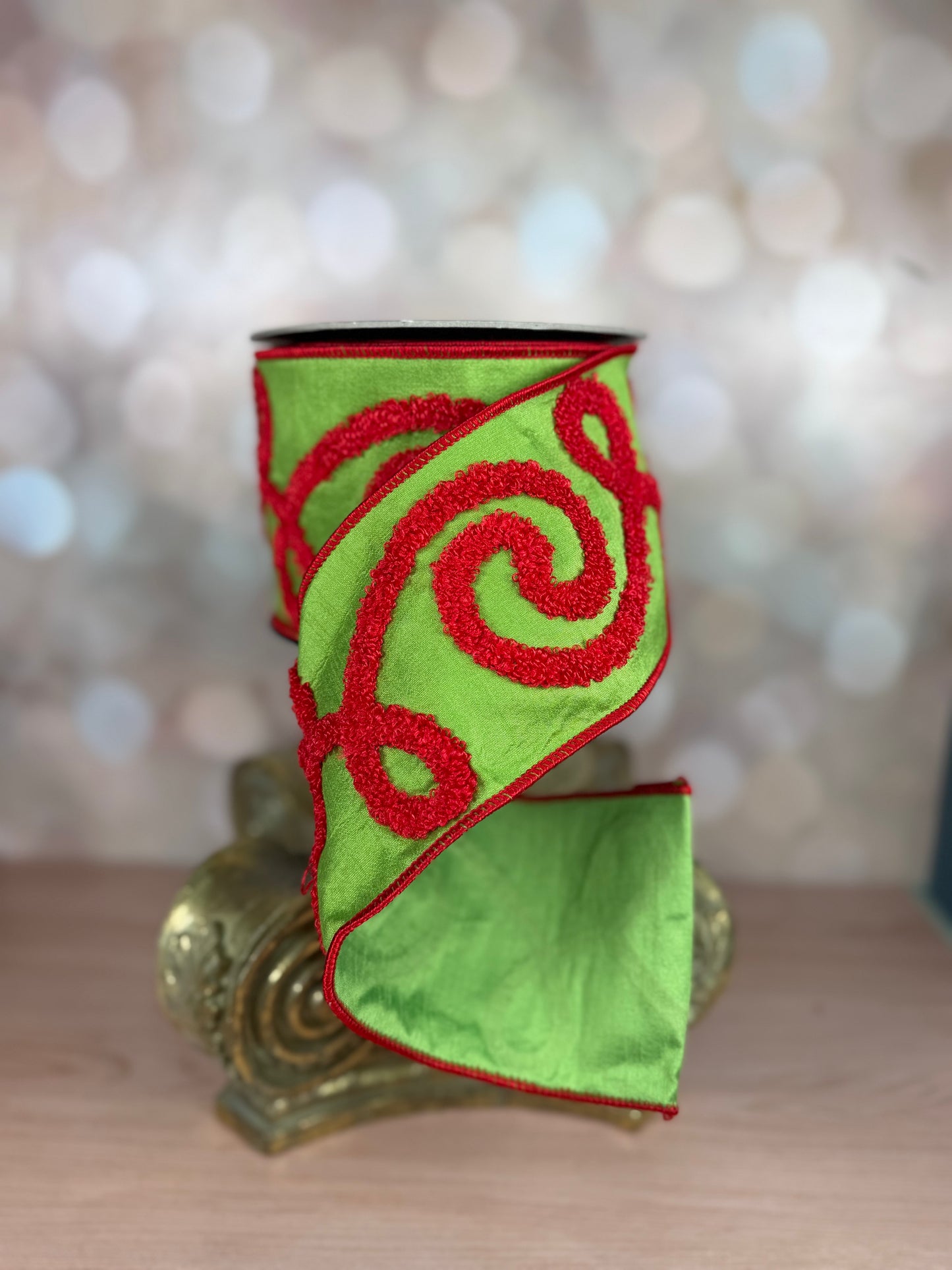 4" x 10 yards Red Swirl on Green Dupioni Wired Ribbon - Burlap and Bling Decor