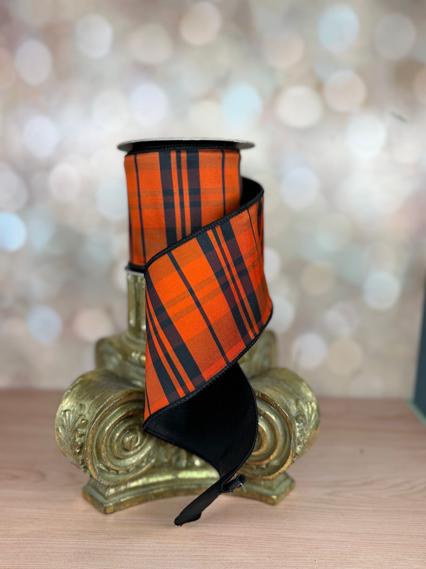 4" x 10 yds Orange and Black Plaid Ribbon with Black Back - Burlap and Bling Decor