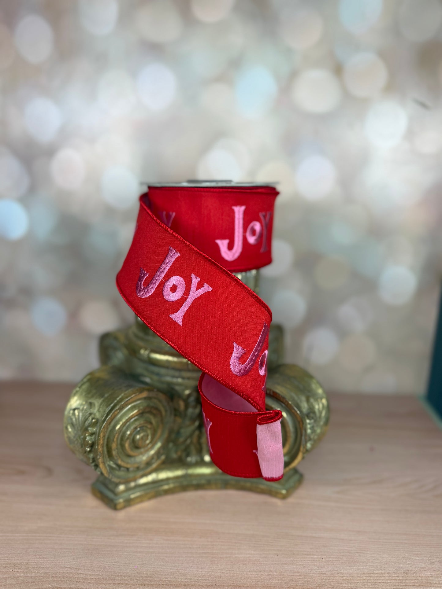 2.5" x 10yds Red "Joy" Ribbon with Pink Embroidered and Pink Back - Burlap and Bling Decor