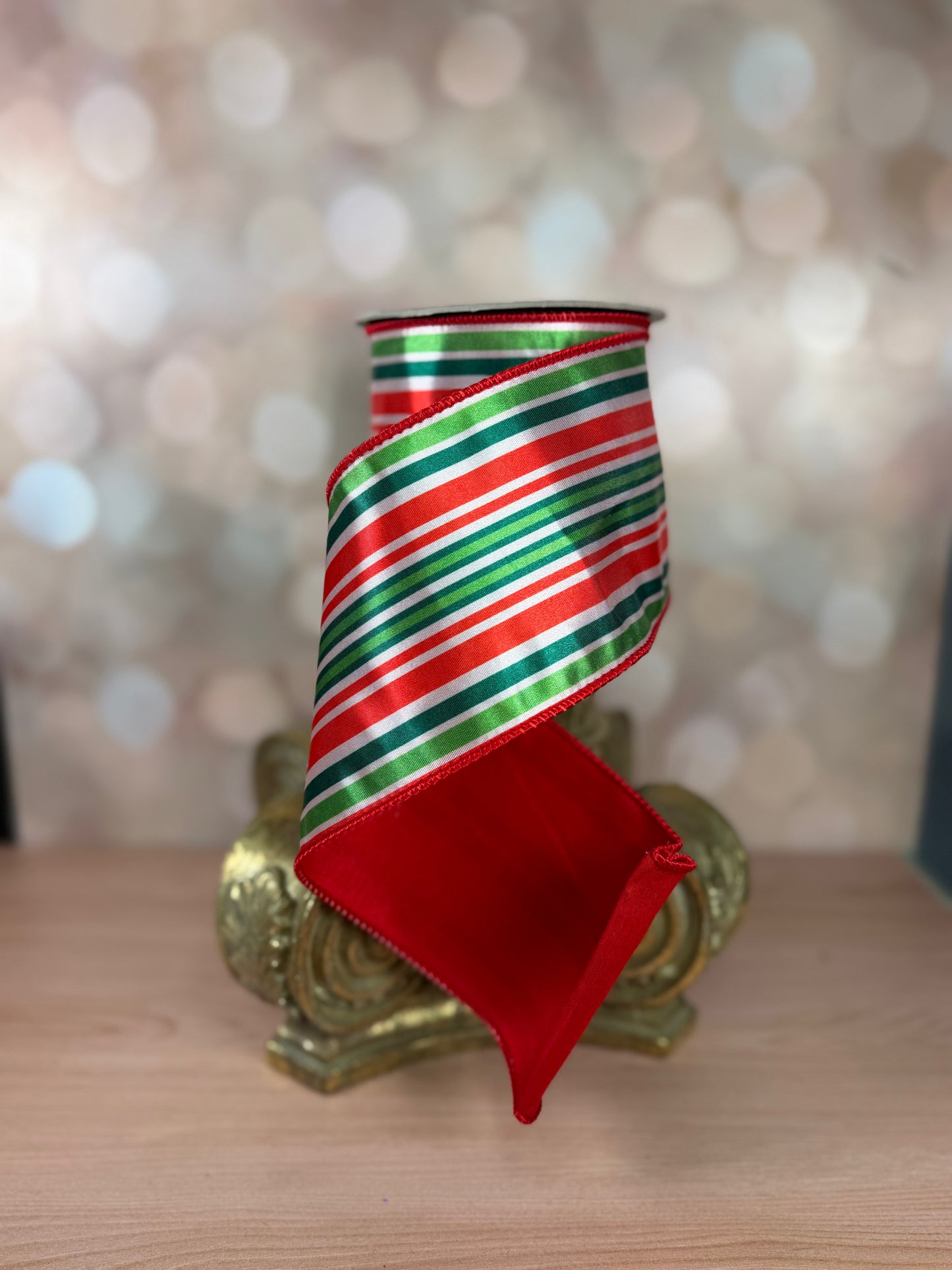4" x 10 Yards Red, Green & White Striped Christmas Satin Ribbon - Burlap and Bling Decor