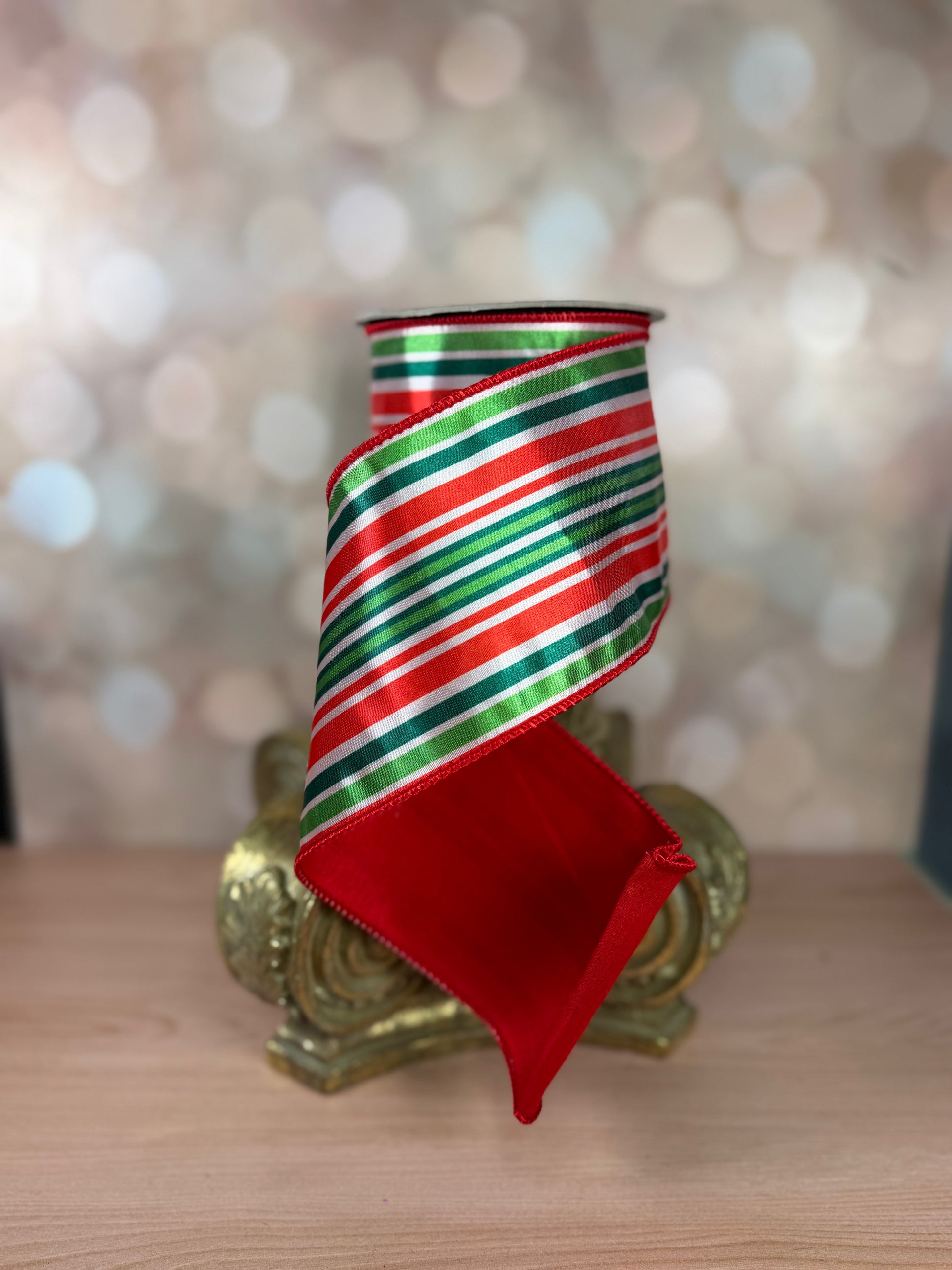 4" x 10 Yards Red, Green & White Striped Christmas Satin Ribbon - Burlap and Bling Decor