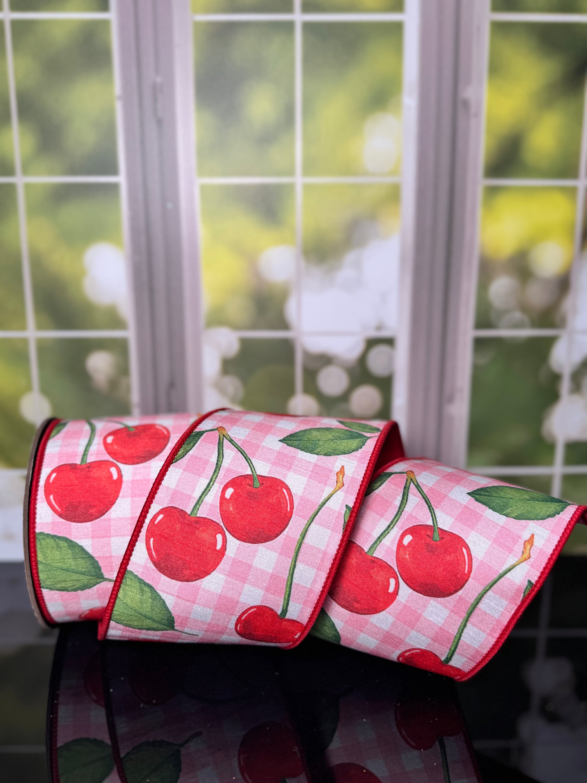 4“ X 10YDS DUPION GINGHAM CHERRIES, PINK WHITE RED WIRED RIBBON - Burlap and Bling Decor