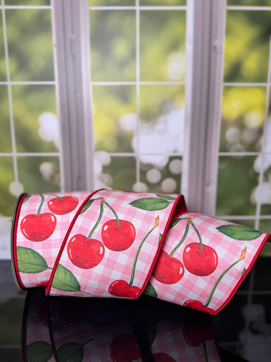 4“ X 10YDS DUPION GINGHAM CHERRIES, PINK WHITE RED WIRED RIBBON - Burlap and Bling Decor