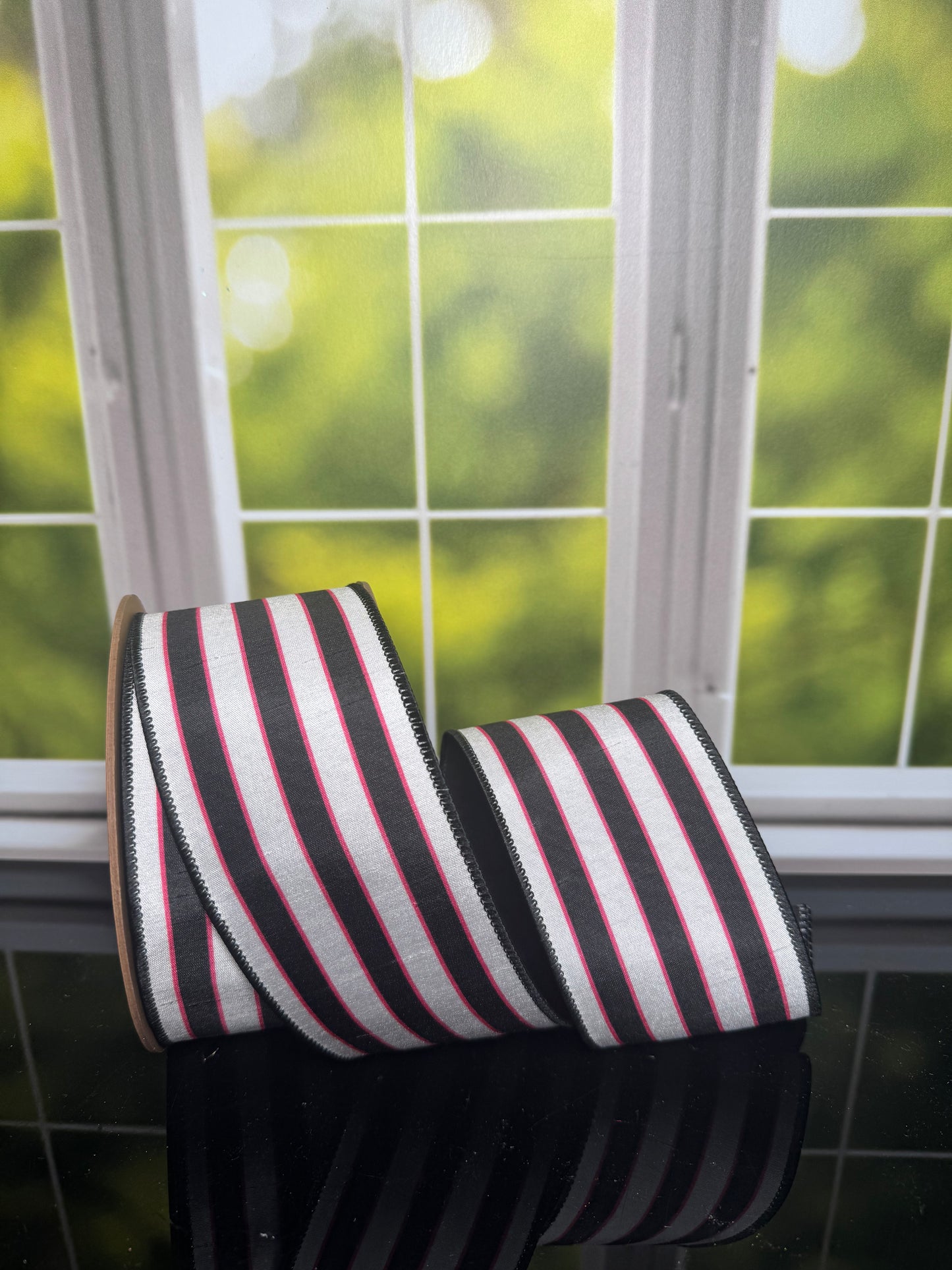 2.5" X 10YDS DUPIONI/Pink/WHITE/BLACK STRIPE/BLACK BACK WIRED RIBBON WIRED RIBBON - Burlap and Bling Decor