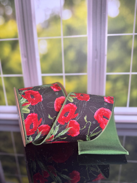 4" X 10YDS DUPIONI/POPPIES ON BLACK W/GREEN BACK WIRED RIBBON WIRED RIBBON - Burlap and Bling Decor