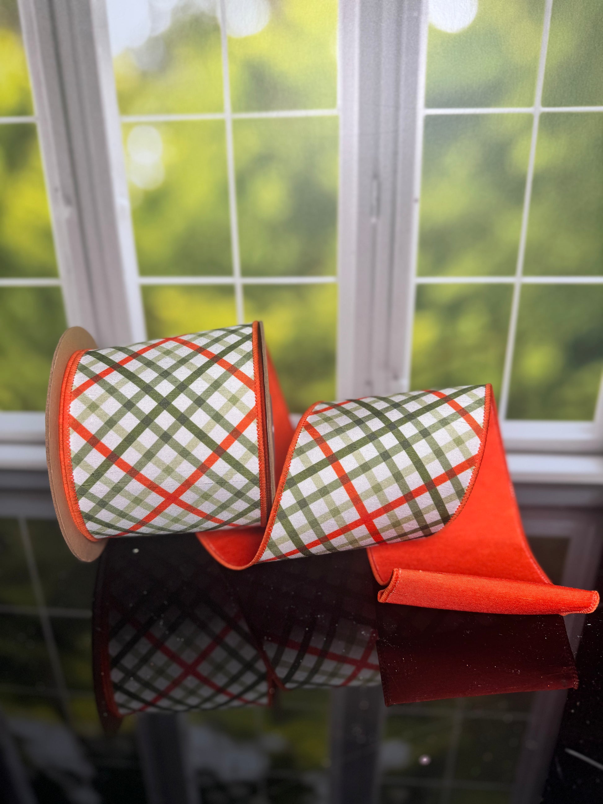 4" X 10YDS DUPIONI/GARDEN BIAS PLAID W/ORANGE BACK WIRED RIBBON WIRED RIBBON - Burlap and Bling Decor