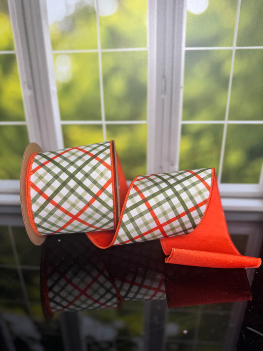 4" X 10YDS DUPIONI/GARDEN BIAS PLAID W/ORANGE BACK WIRED RIBBON WIRED RIBBON - Burlap and Bling Decor