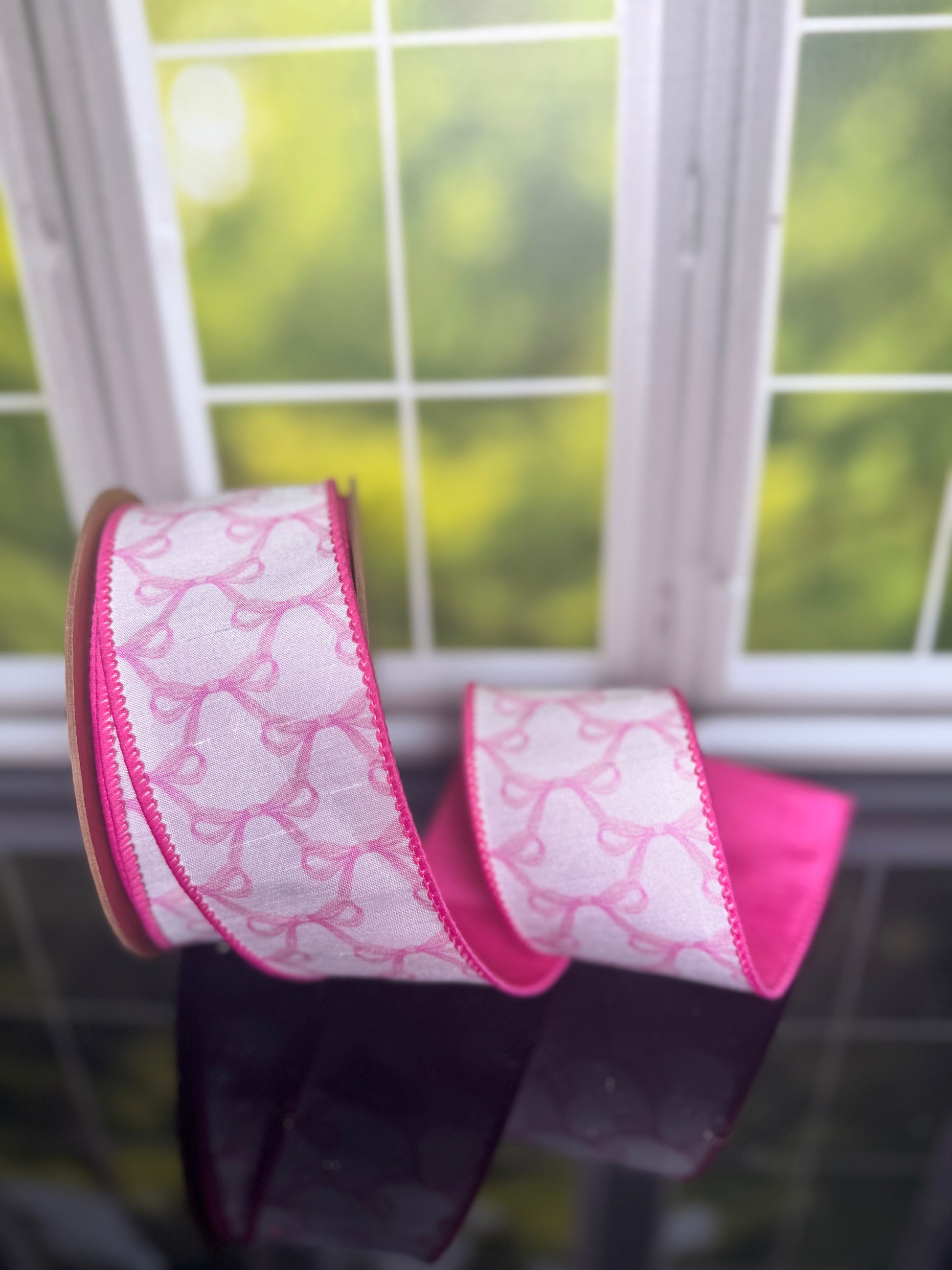 2.5"X 10YDS DUPIONI/PINK BOWS ON WHITE W/PINK BACK WIRED RIBBON WIRED RIBBON - Burlap and Bling Decor