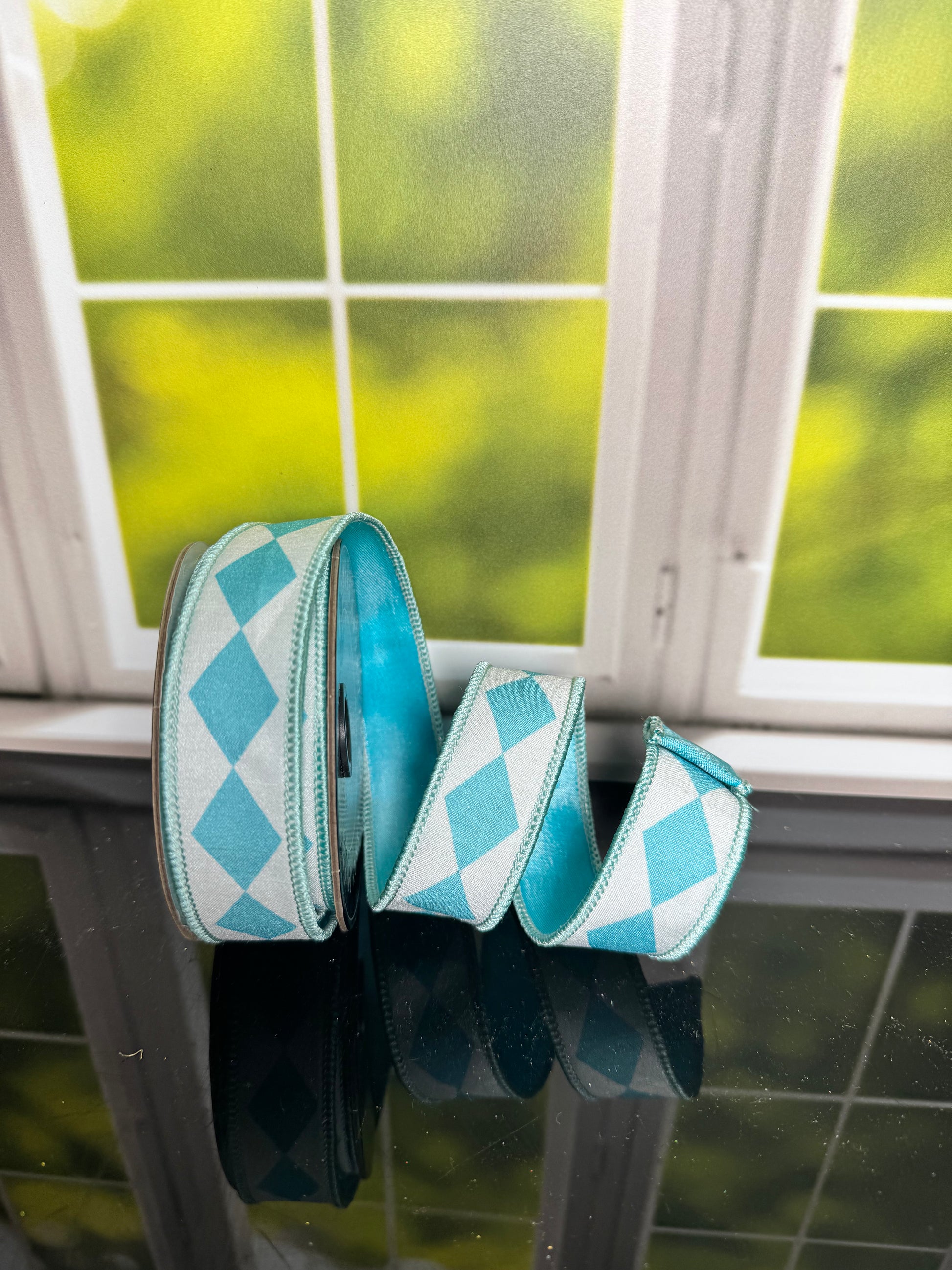 Aqua Diamond 1"x 10Y Double Sided Wired Ribbon - Burlap and Bling Decor