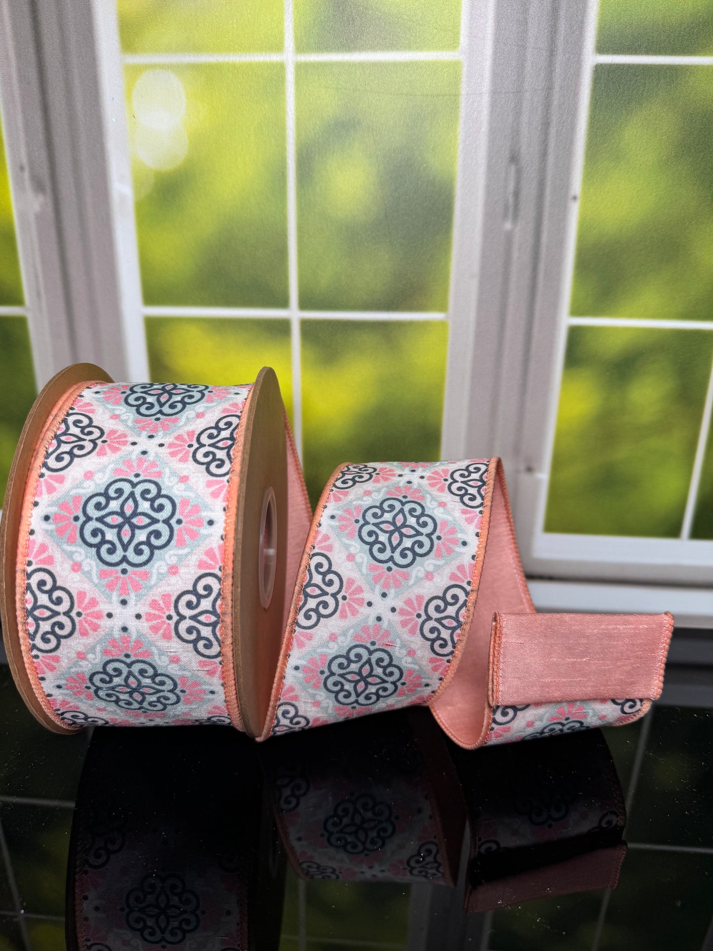 2.5" X 10YDS DUPIONI/BLACK MEDALLION ON PINK W/PINK BACK WIRED RIBBON WIRED RIBBO - Burlap and Bling Decor
